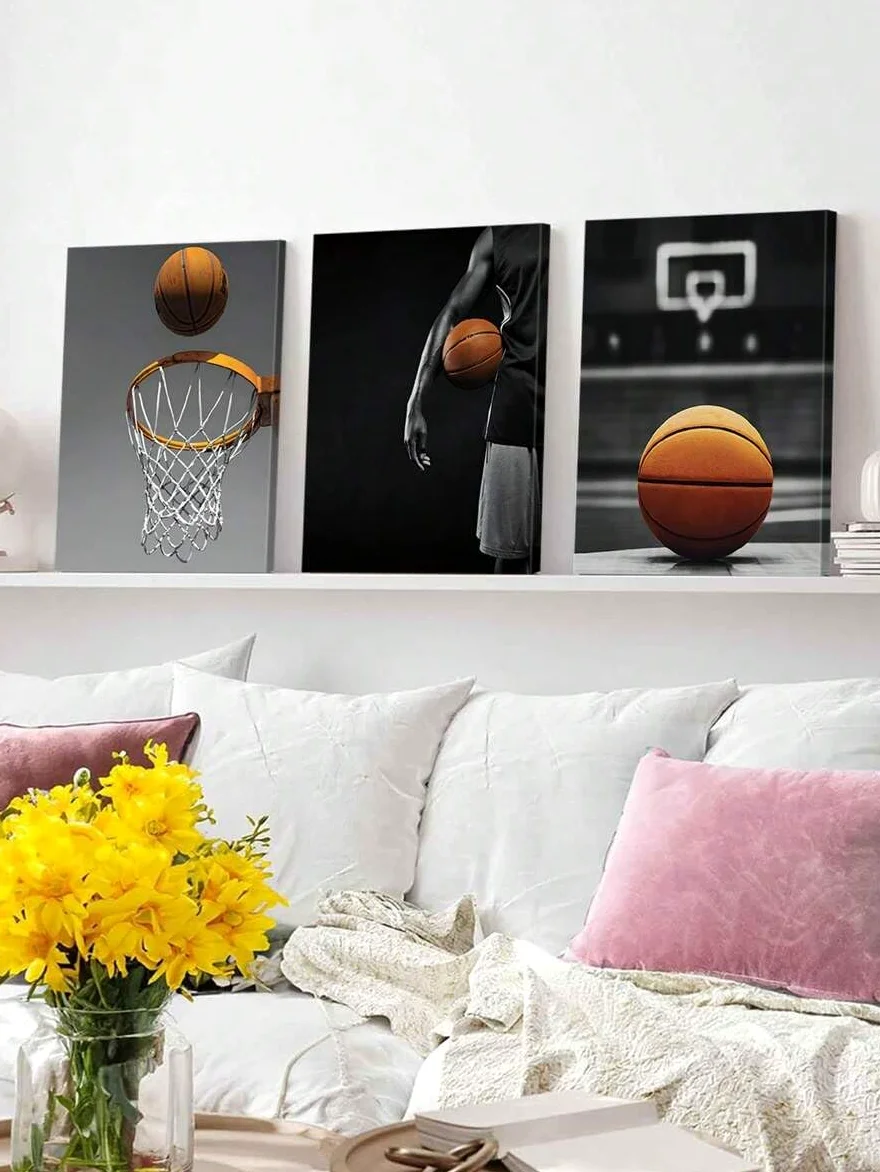 3 poster di azioni sportive, arte murale di basket, stampe artistiche di atletica, stampa su tela di canestro, dipinti di sport di squadra, decorazione per la cameretta dei bambini (50x70x3 cm/tela)
