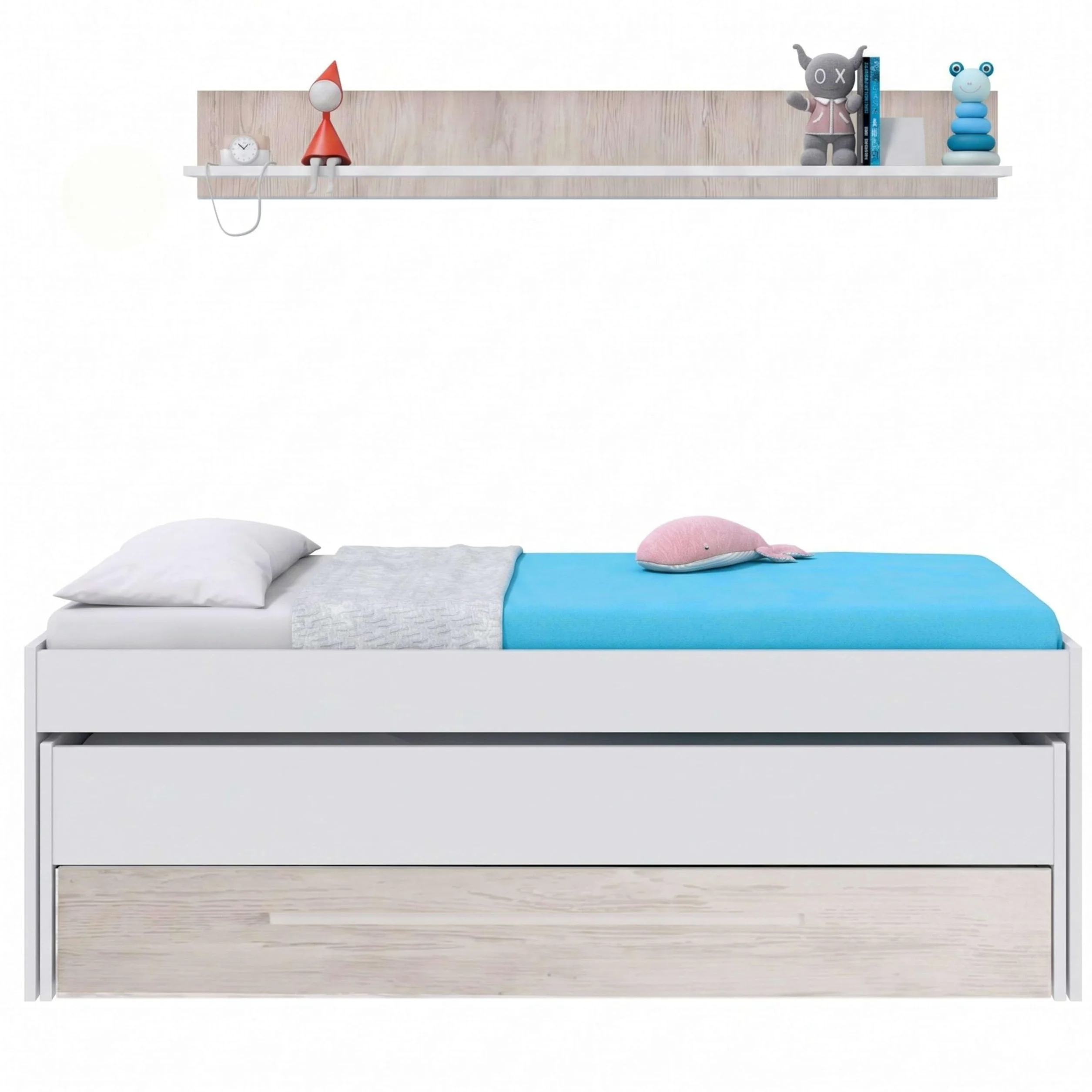 Dmora - Letto per bambini Sunnyvale, Struttura letto per cameretta, Letto singolo con lettino estraibile, cassettone e mensola, 199x96h65 cm, Bianco