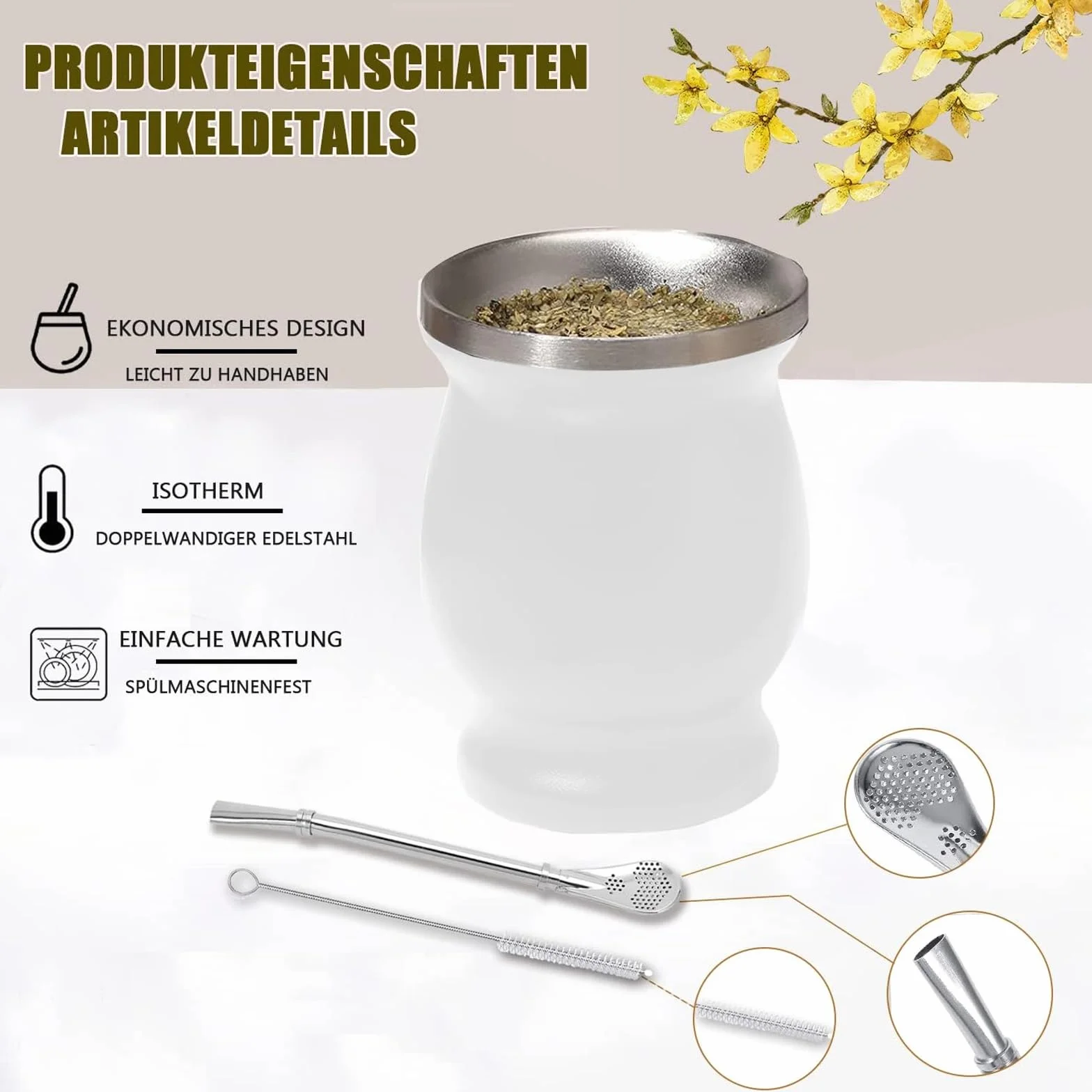 Yerba Mate Cup, Set di Tazze in Acciaio Inox a Doppia Parete 230 ml con Cannuccia e Spazzola, Bianco