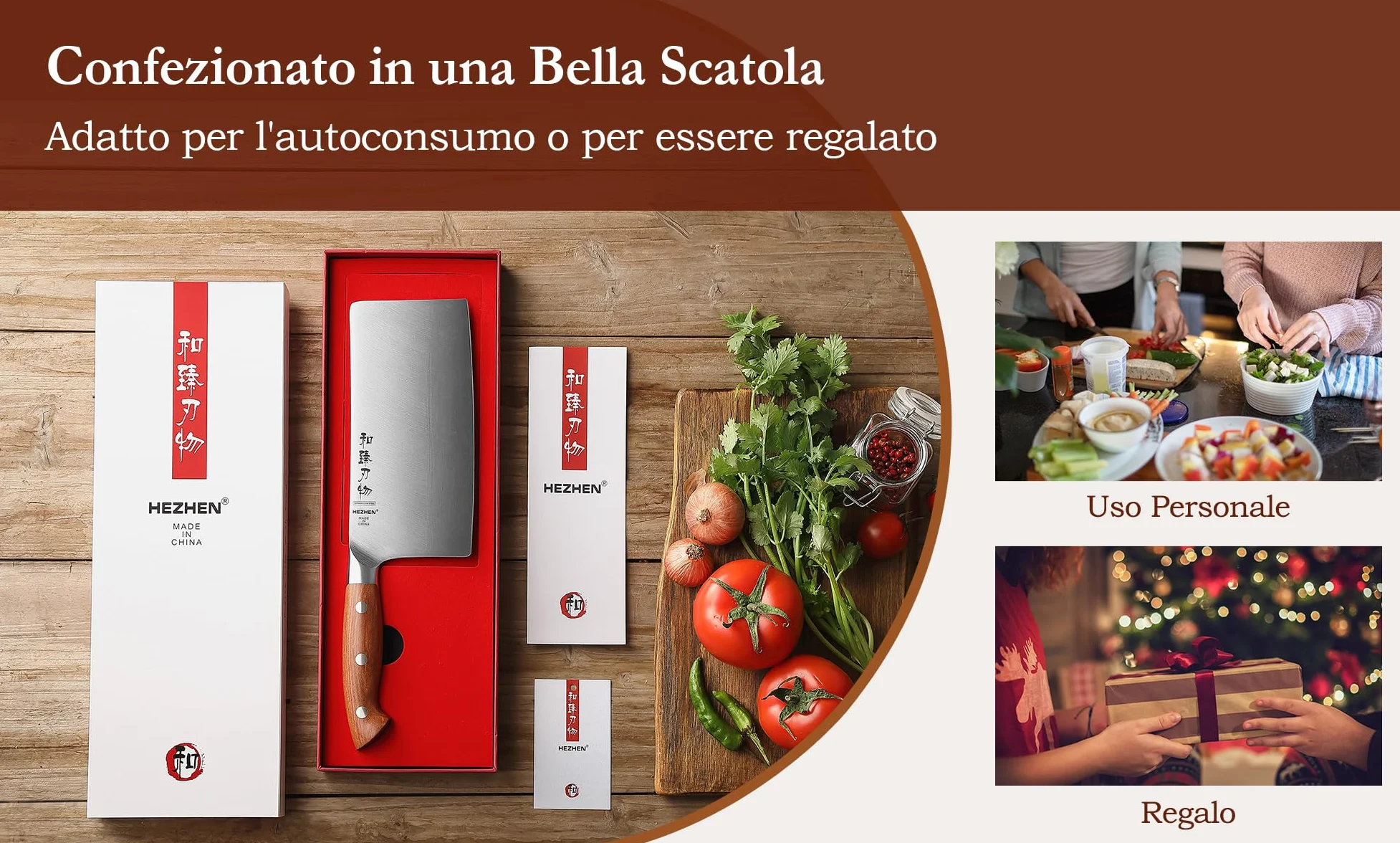 HEZHEN 18cm Mannaia per Carne, Coltello da Chef Cinese, Coltello da Cucina Multifunzionale, Manico in Redwood
