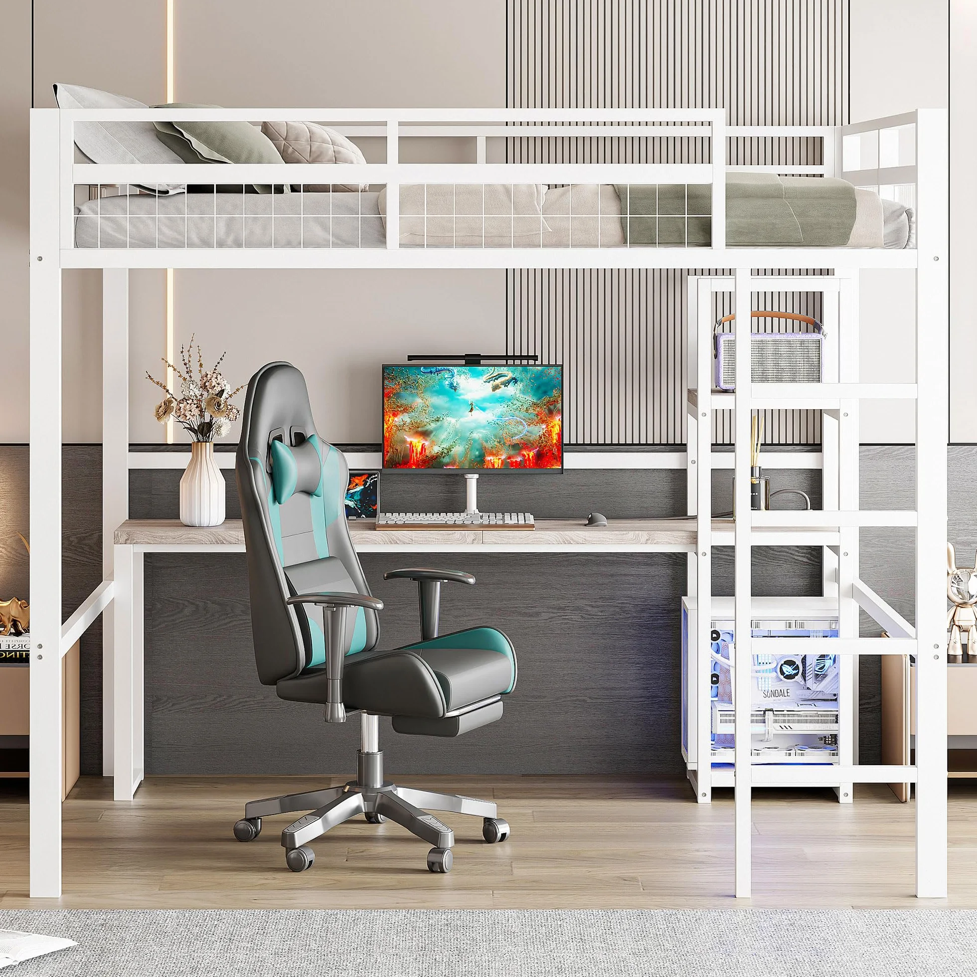 Letto a soppalco in metallo, 140 x 200 cm, scrivania con presa e scaffale, con ricarica USB + Type-c, per bambini, ragazzi e adulti, letto a castello, senza materasso (bianco)