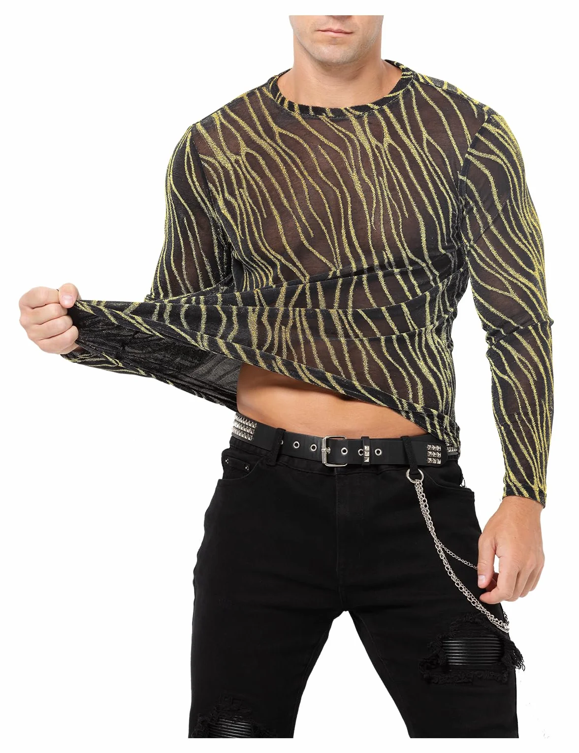 Casey Kevin Maglia Rete Uomo Manica Lunga Glitter Trasparente Sexy Camicia Body Maglietta Paillettes Discoteca Abbigliamento Mesh Shirt Fishnet Trasparenti Vedere Attraverso Tops Clubwear Party Night