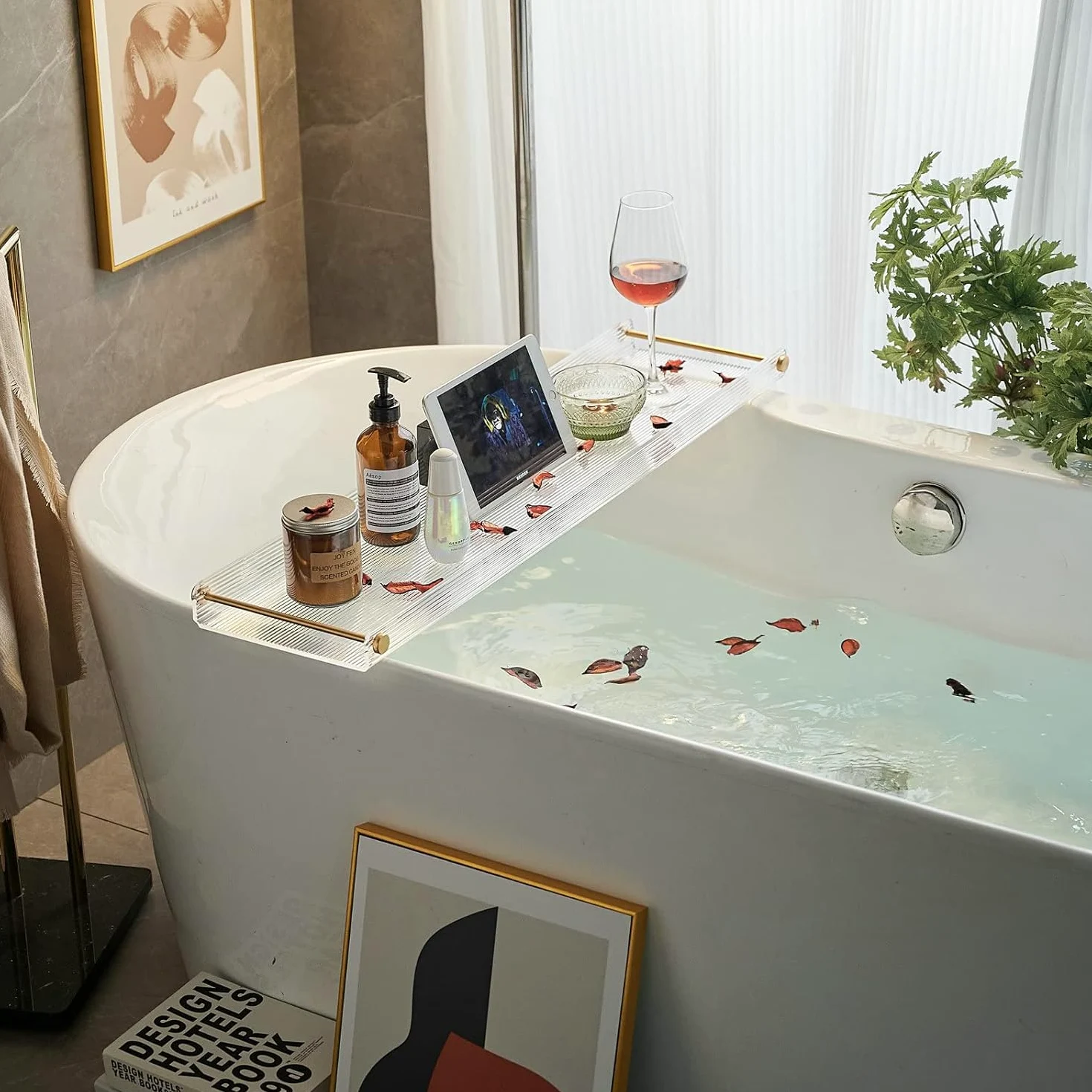 Bathtub Caddy Tray for Luxury Bathroom Bath tub Table Caddy Tray Shelf for Shower with Gold Handles fits All bathtubs