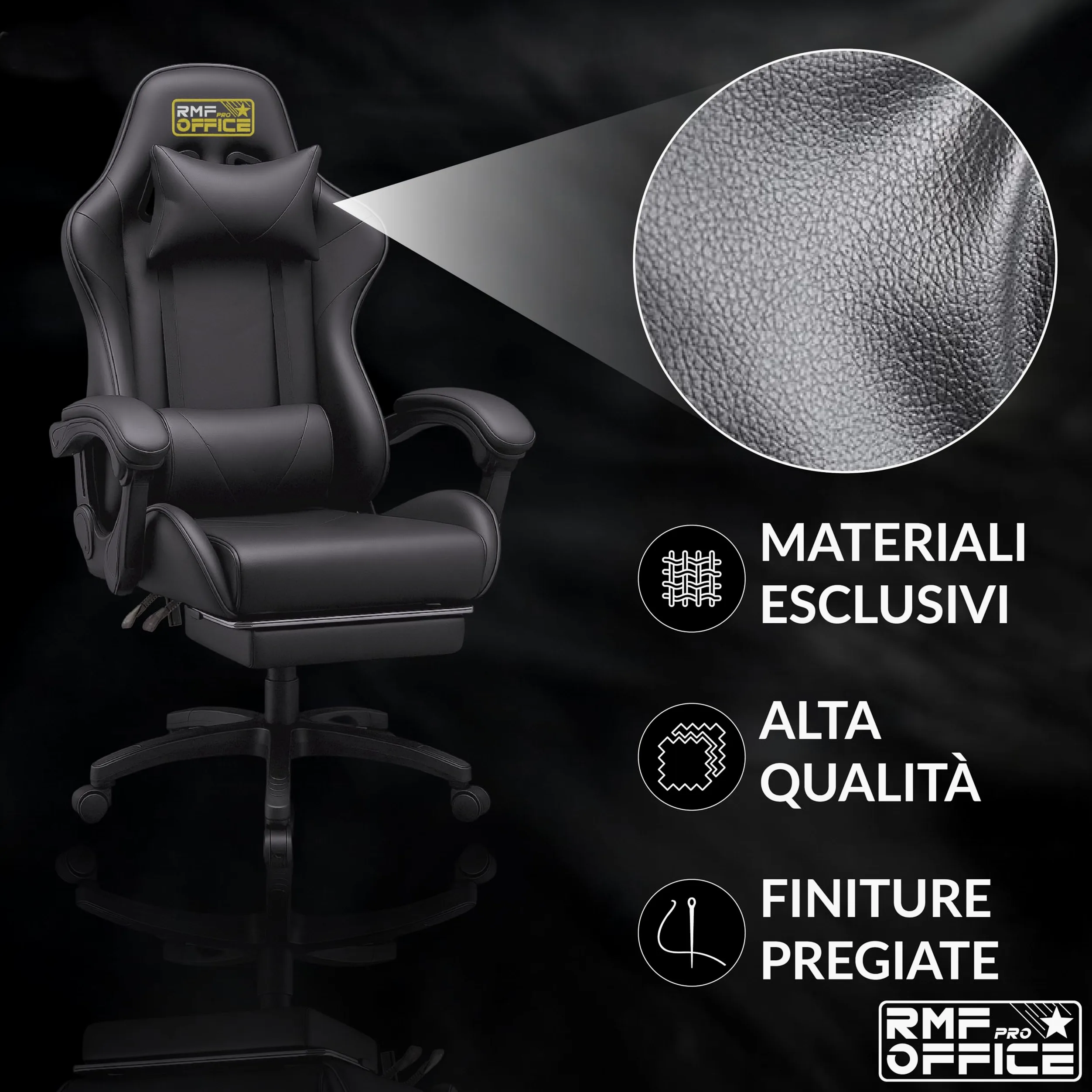RMF Sedia Gaming Professionale Ergonomica Reclinabile, Poltrona Gaming Seduta Comoda e Rilassante con Poggiapiedi - Sedia per Gamer con Ruote Girevoli, Altezza Regolabile Nero