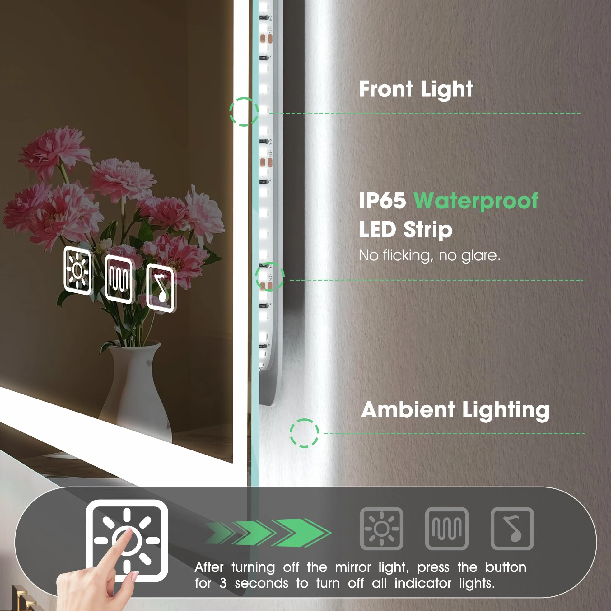 S'bagno Bluetooth-Specchio-Bagno-con-Luce-Led-70x50cm, Specchio-Bagno-Led Anti-Fog, 3000K-6500K, Dimmerabile, Memoria, Vetro Temperato HD, IP44-Specchio-Retroilluminato-Bagno, Orizzontale/Verticale
