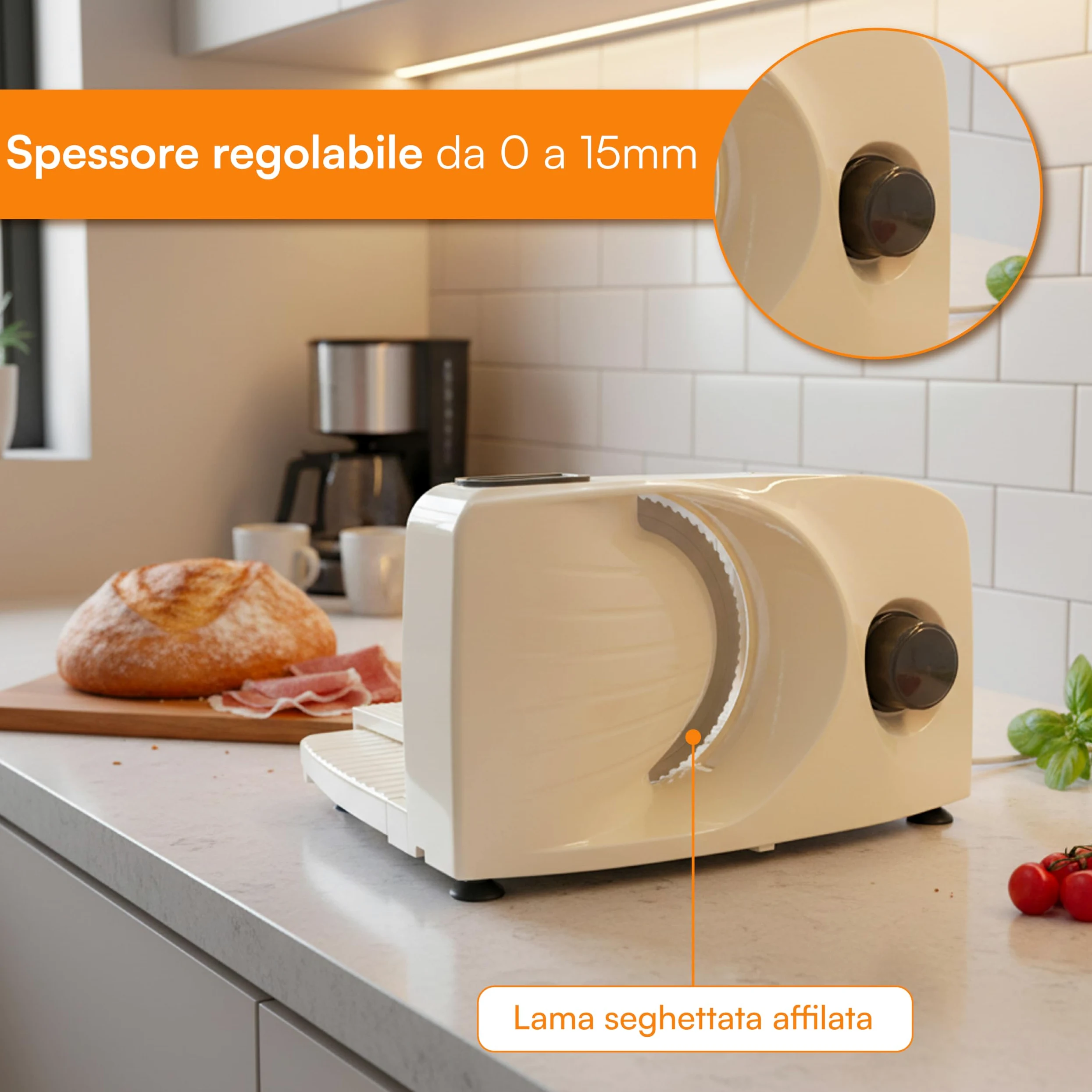 Baroni Home Affettatrice Elettrica Pieghevole con Lama Seghettata Removibile, Spessore Regolabile 0-15 mm, Ventose Antiscivolo, Compatta Richiudibile, per Salumi, Pane, Carne e Verdure
