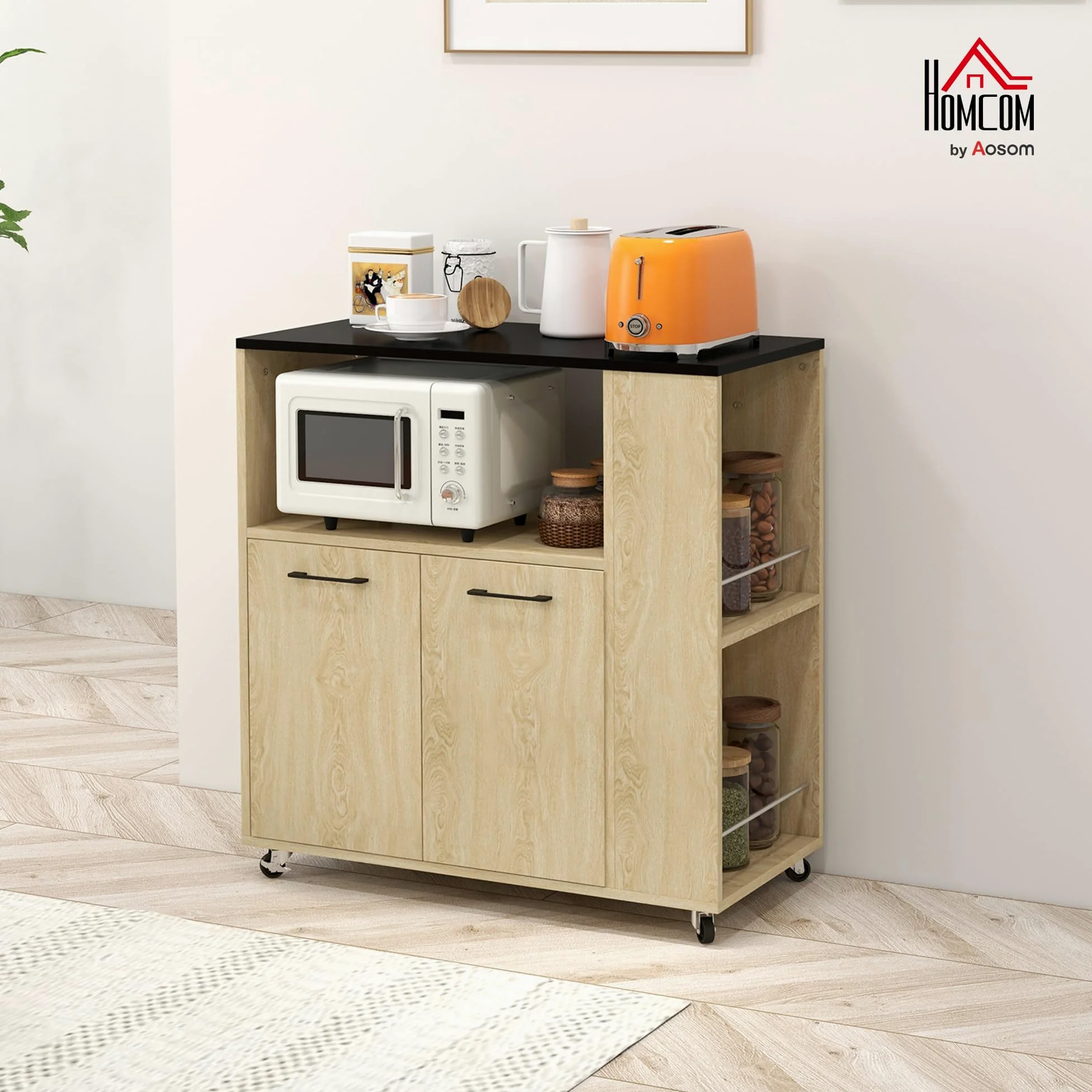 HOMCOM Carrello Cucina con Ripiano Aperto, Armadietto a 2 Ante e Scaffale Laterale a 2 Livelli, Carrello Multiuso con Ripiano Regolabile in Legno, 75x40x80.5 cm, Color Rovere e Nero