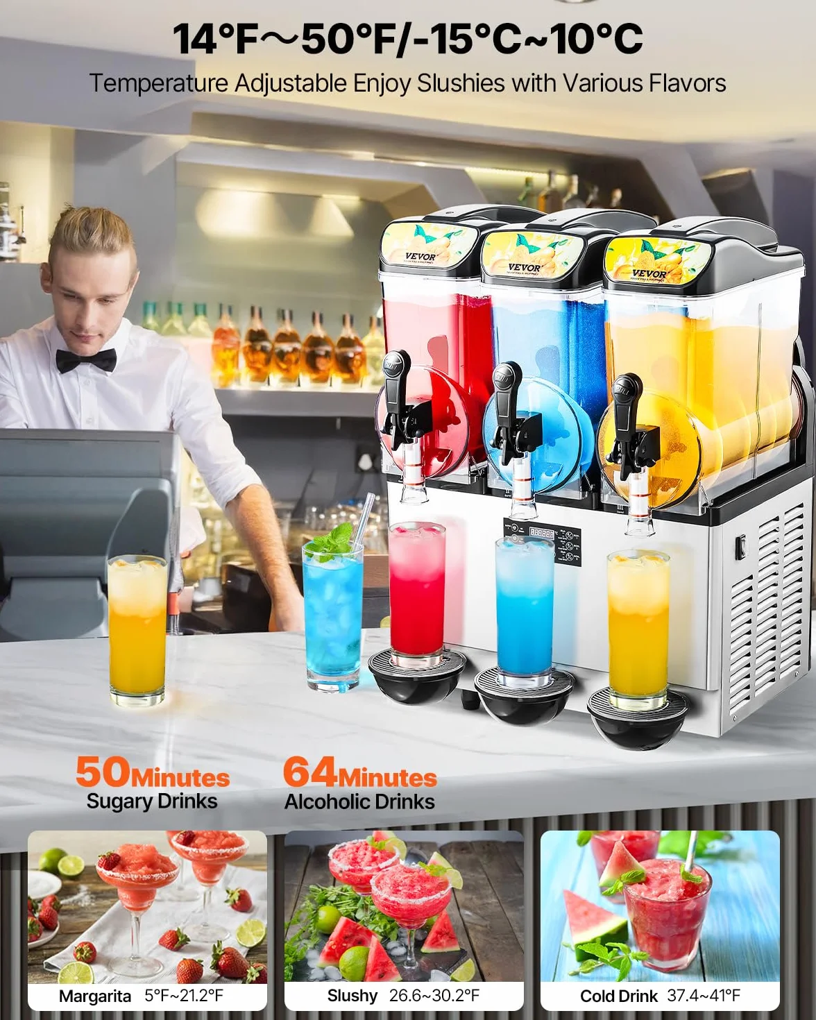 VEVOR Macchina per Bevande Ghiacciate Commerciale, Macchina per Granita Slushy a Triplo Serbatoio 15L x 3 Acciaio Inox