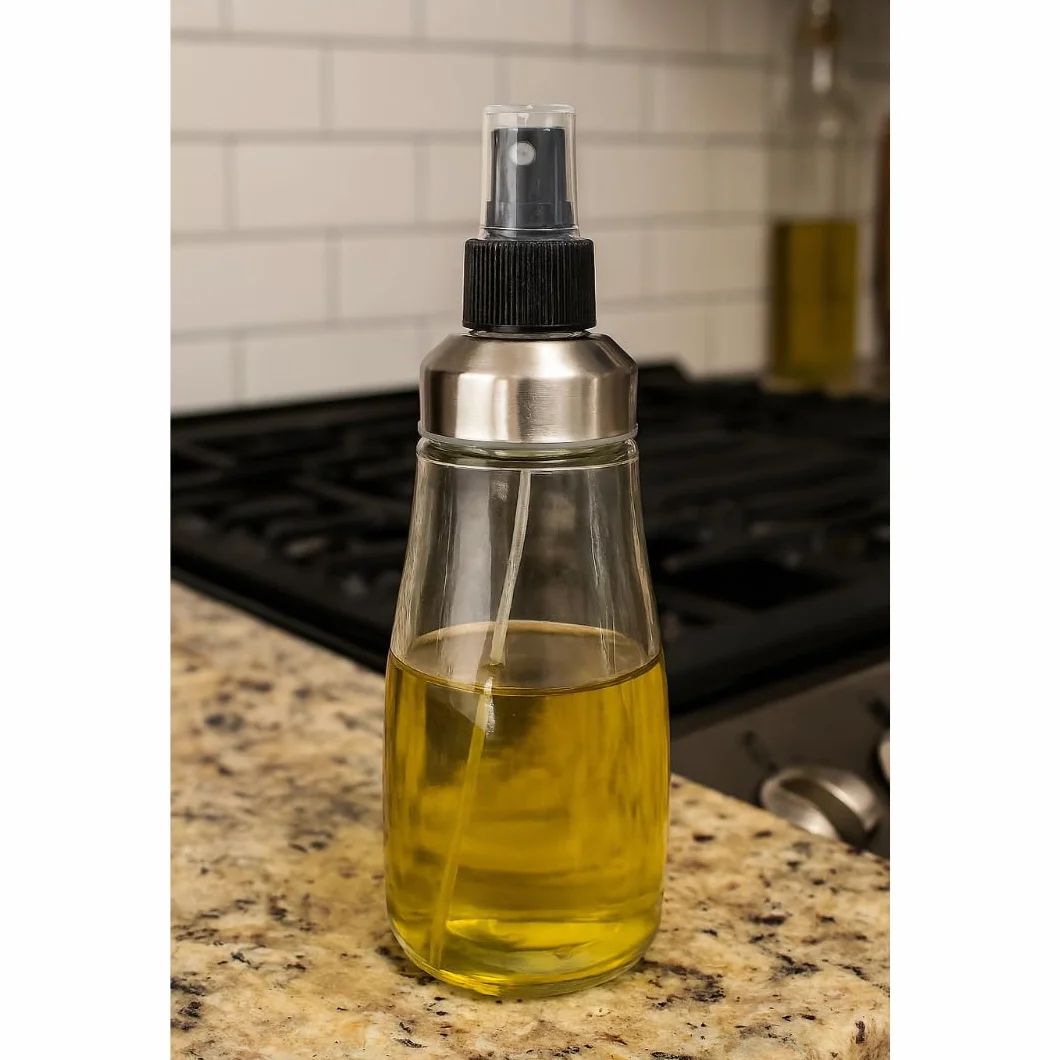 PARENCE.- Olio e aceto spray 330 ml - Dispenser spray in vetro e acciaio inox - Bottiglia riutilizzabile per cucinare, grigliare e insalate - 6,8 x 6,8 x 20,5 cm