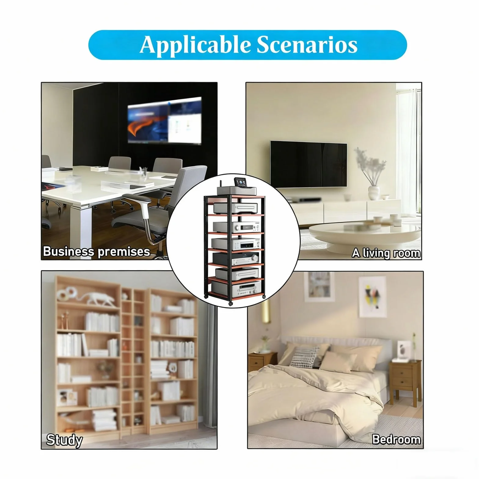 7 Ripiani Mobiletto Hi-Fi Multifunzione A, Av Tower Media Stand Supporto Con Ruote Universali Regolabile Mobiletto Portaoggetti for Casa/ufficio/teatro(Nero)