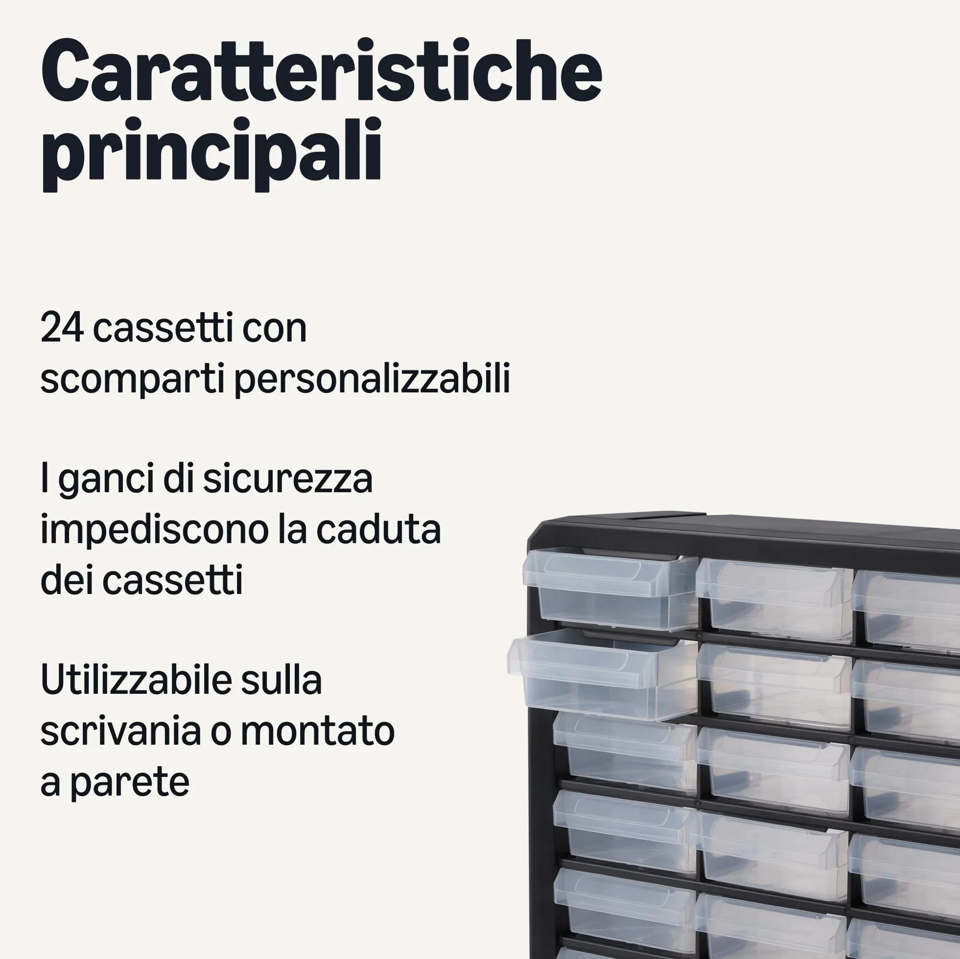 Amazon Basics Cassettiera Portaminuteria 24 Cassetti, Organizzatore in Plastica con Divisori, Montabile a Parete, 16 x 54,1 x 40,1 cm, Nero