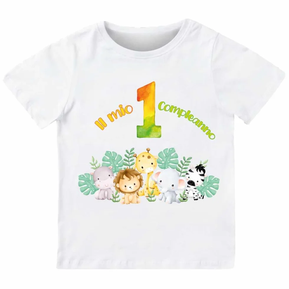 T-shirt cotone compleanno 1 anno giungla safari Bianco 1/2 anni