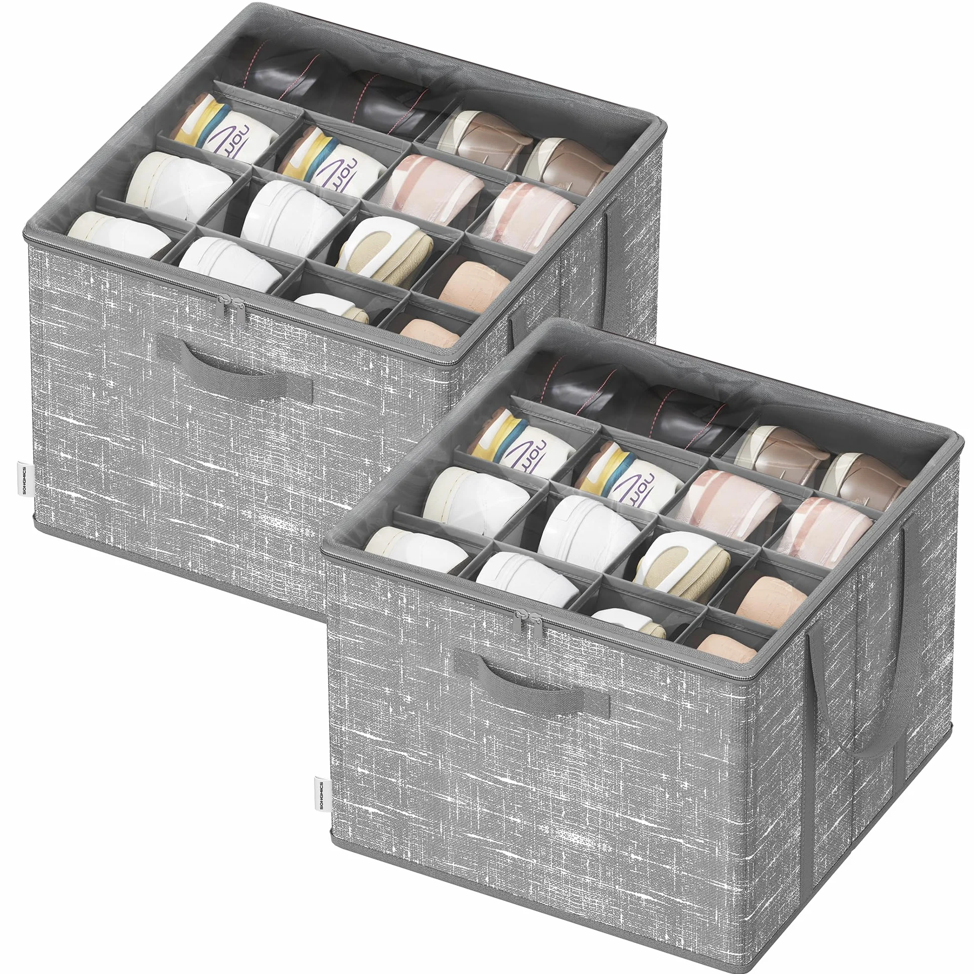 SONGMICS Organizer Scarpe Set di 2 Scatole Contenitori Scarpe Coperchio Trasparente Grigio Giunco