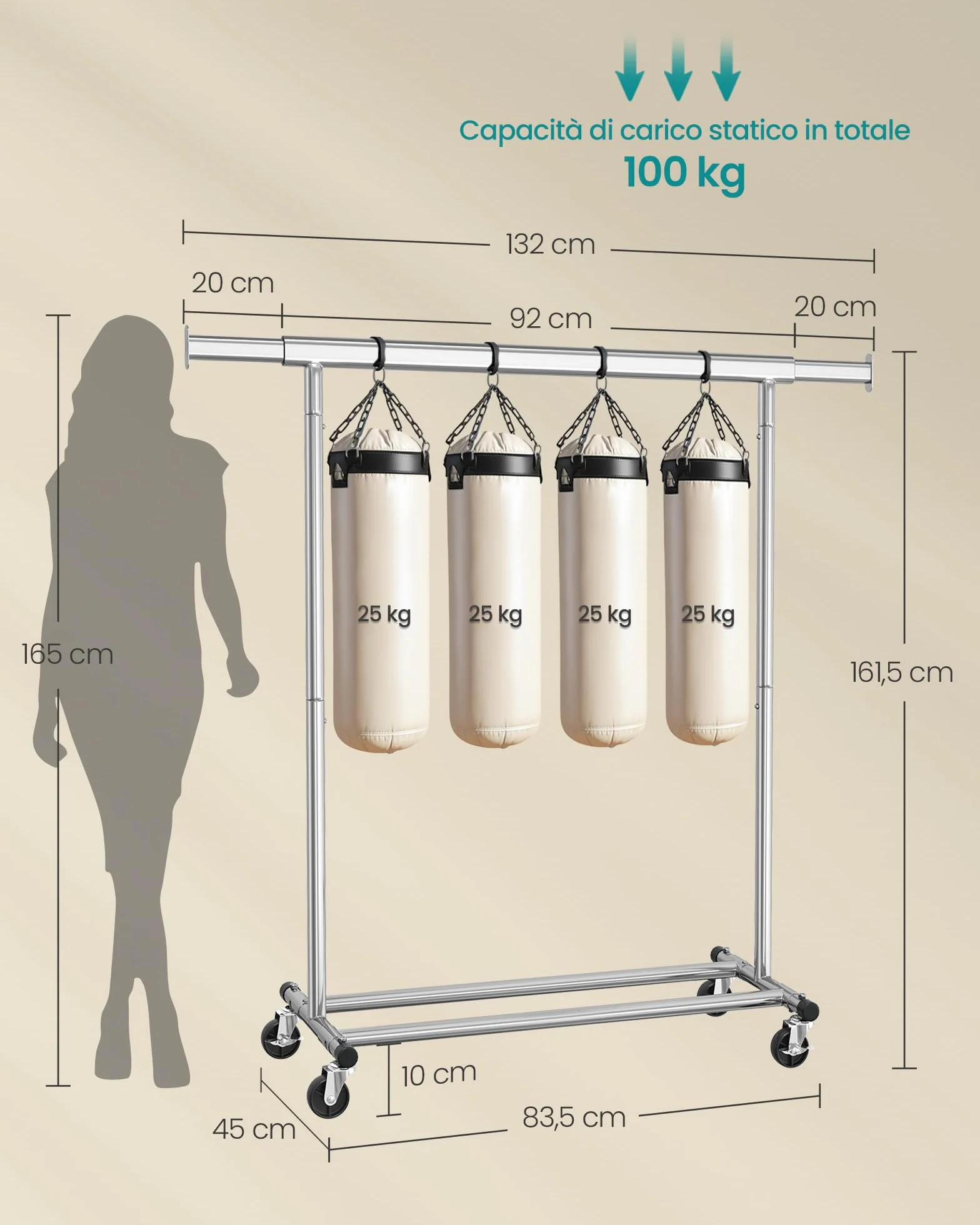 SONGMICS Stand Appendiabiti con Ruote, Estensibile, Portata 100 kg, 45 x 92-132 x 161,5 cm, Argento HSR13S
