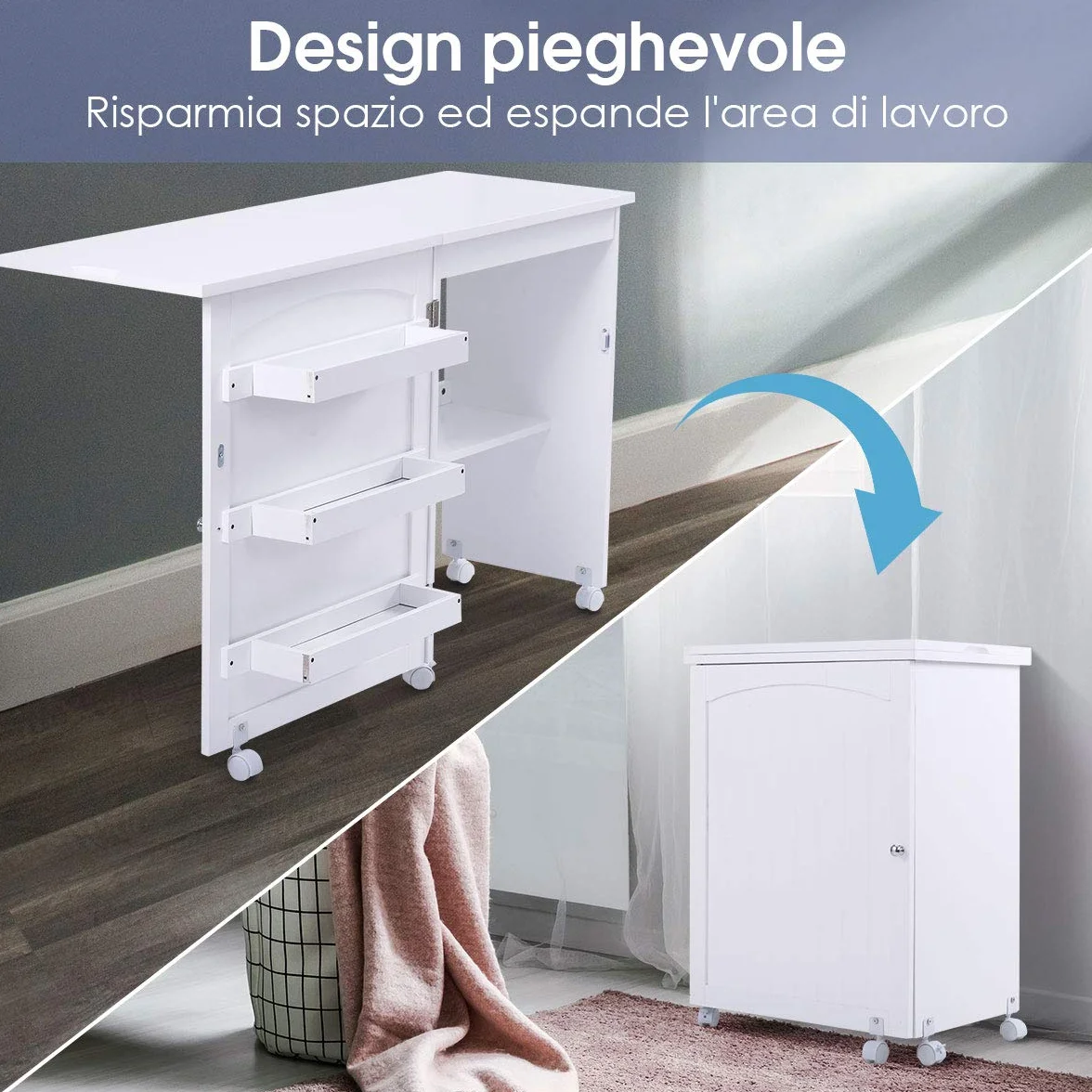 GOPLUS Mobiletto Cucito Pieghevole con Mensole e 5 Ruote Armadietto per Cucito Tavolo Allungabile per Macchina da Cucire 117x77x40 cm (Bianco)