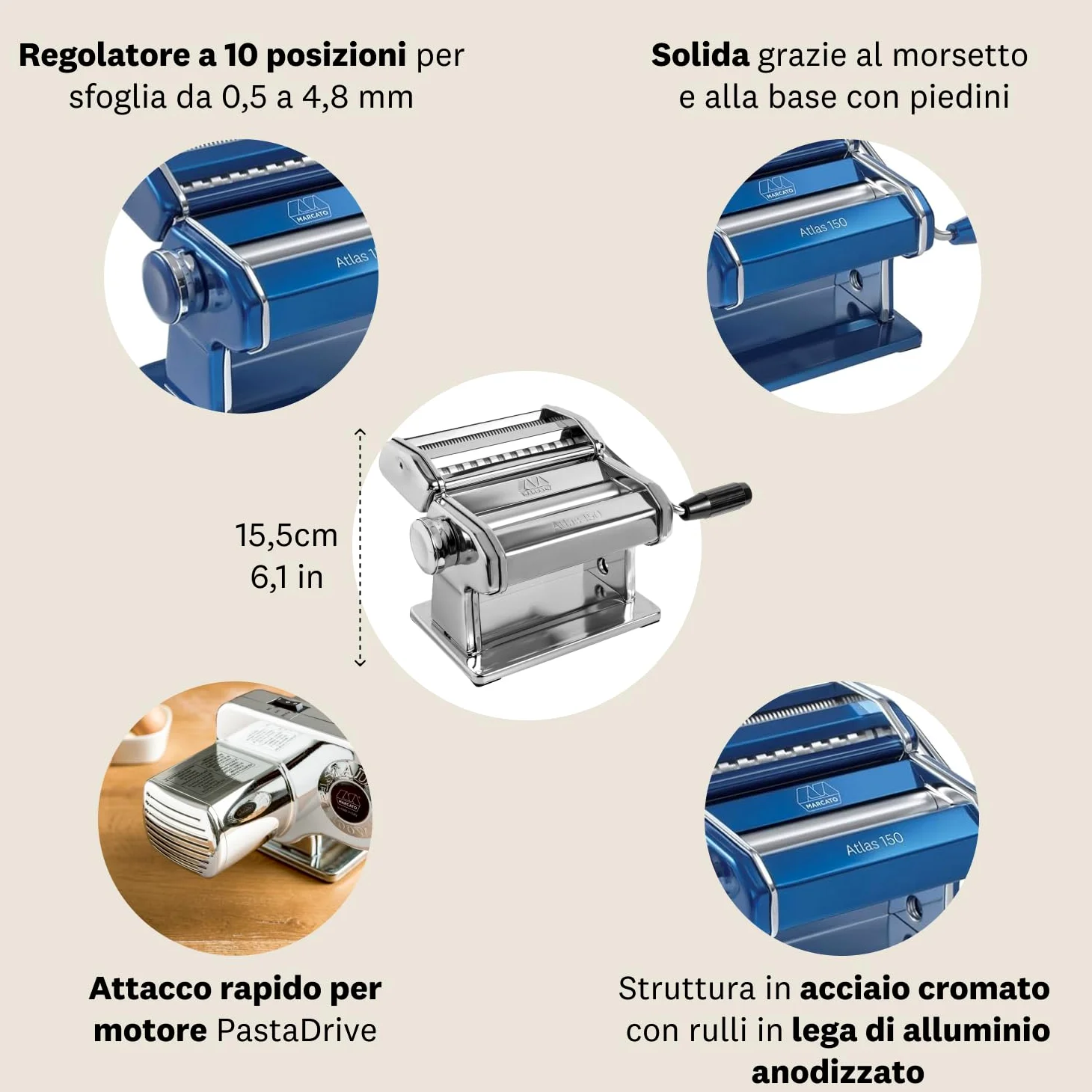 Marcato AT-150-BLU, Atlas 150 design, Macchina per pasta, Alluminio, Blu, Linea Premium.