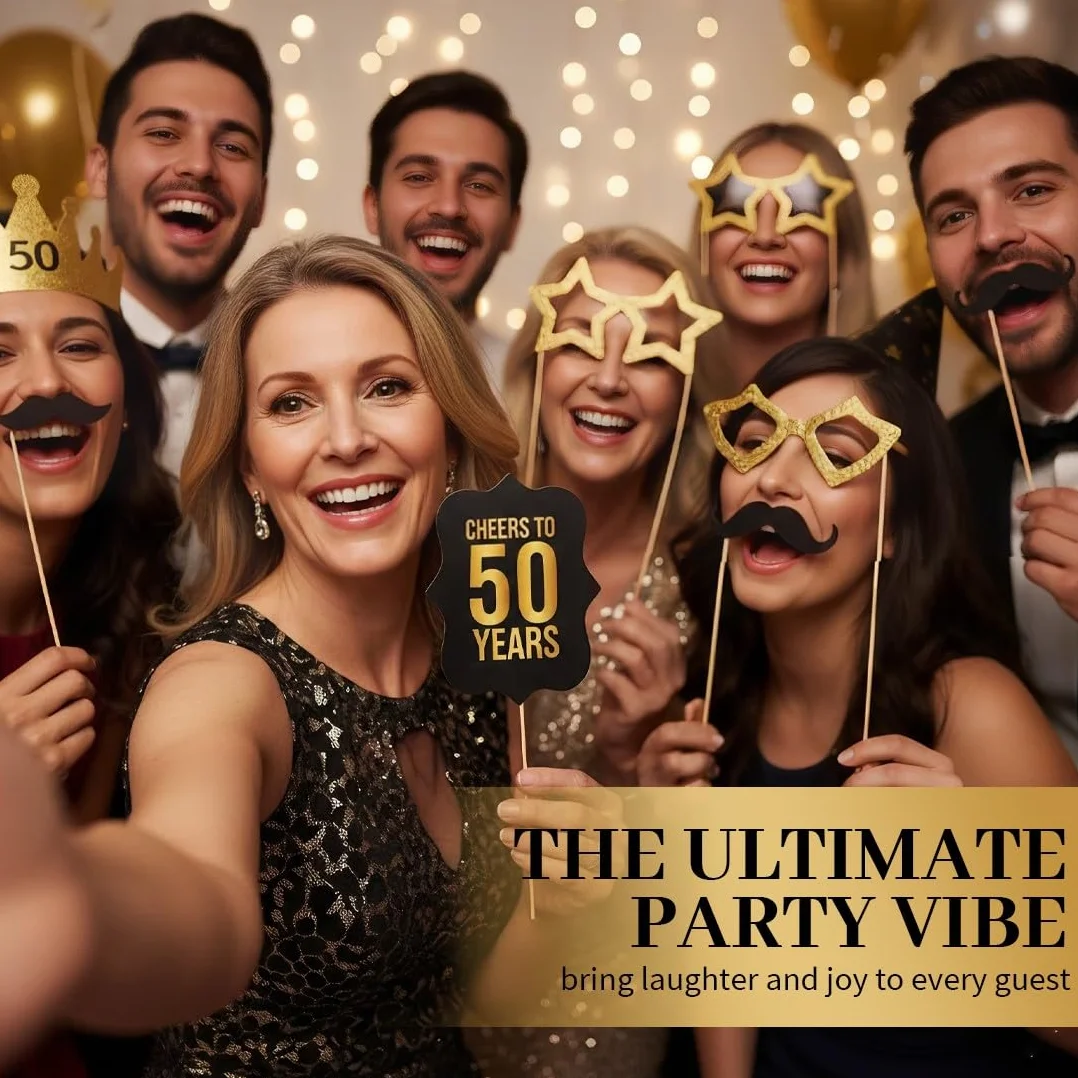Accessori Photo Booth Decorazione Compleanno 50 Anni Nero Oro, Decorazione Tavolo per Feste