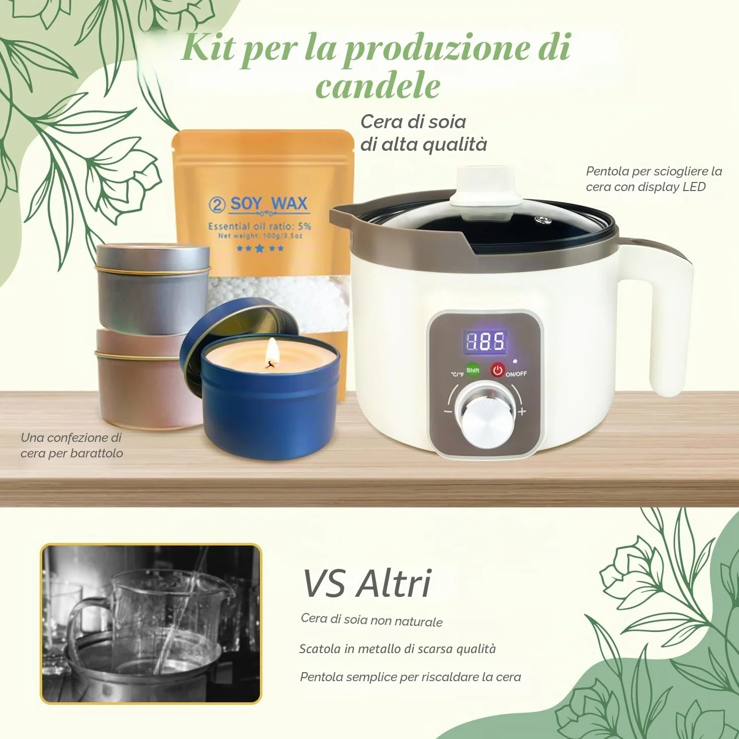 Kit per la creazione di candele fai da te in cera di soia con fusore elettrico e 12 barattoli