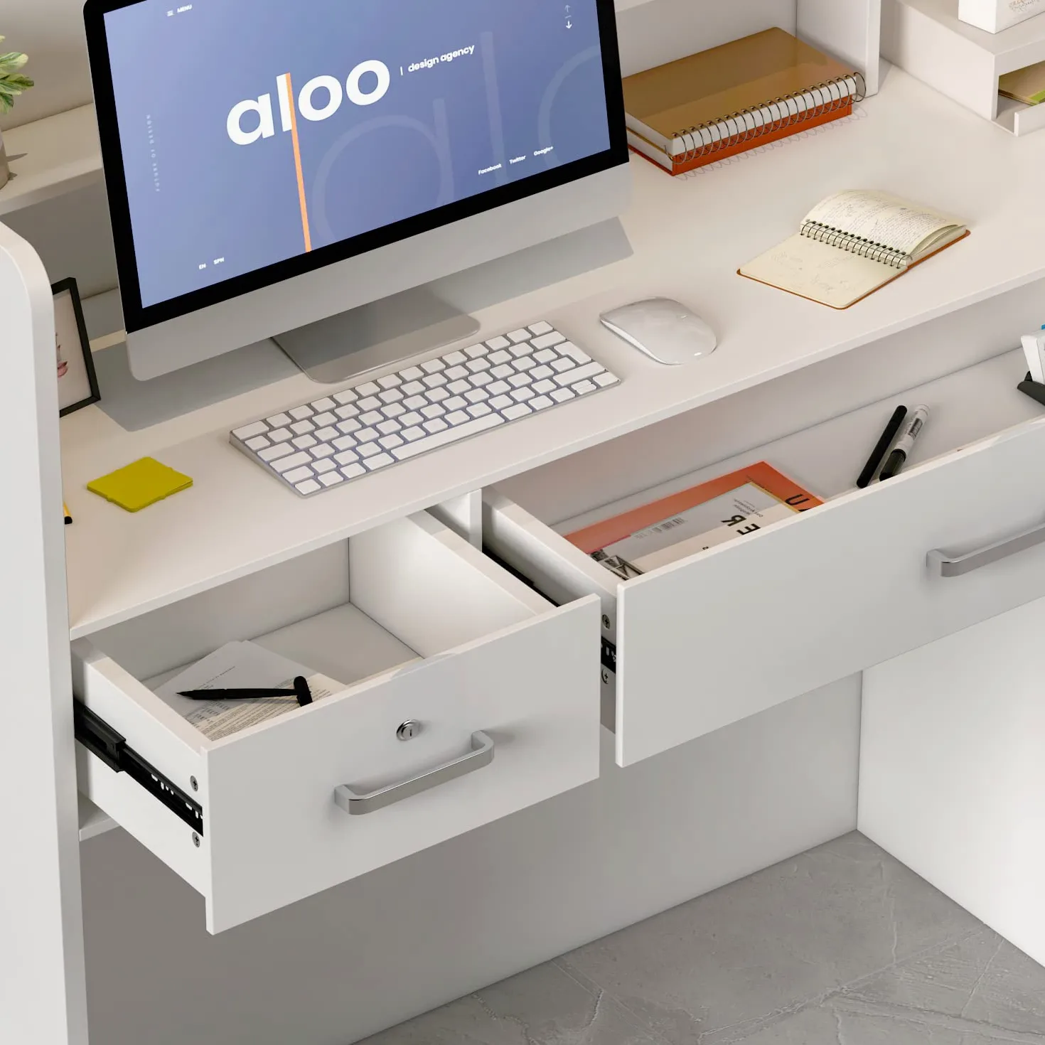 Banco reception, bancone reception, tavolo reception per ufficio con 3 cassetti e ripiani per sale aziendali, reception di hotel, negozi di abbigliamento, bianco 120 cm L x 48 cm P x 110 cm H
