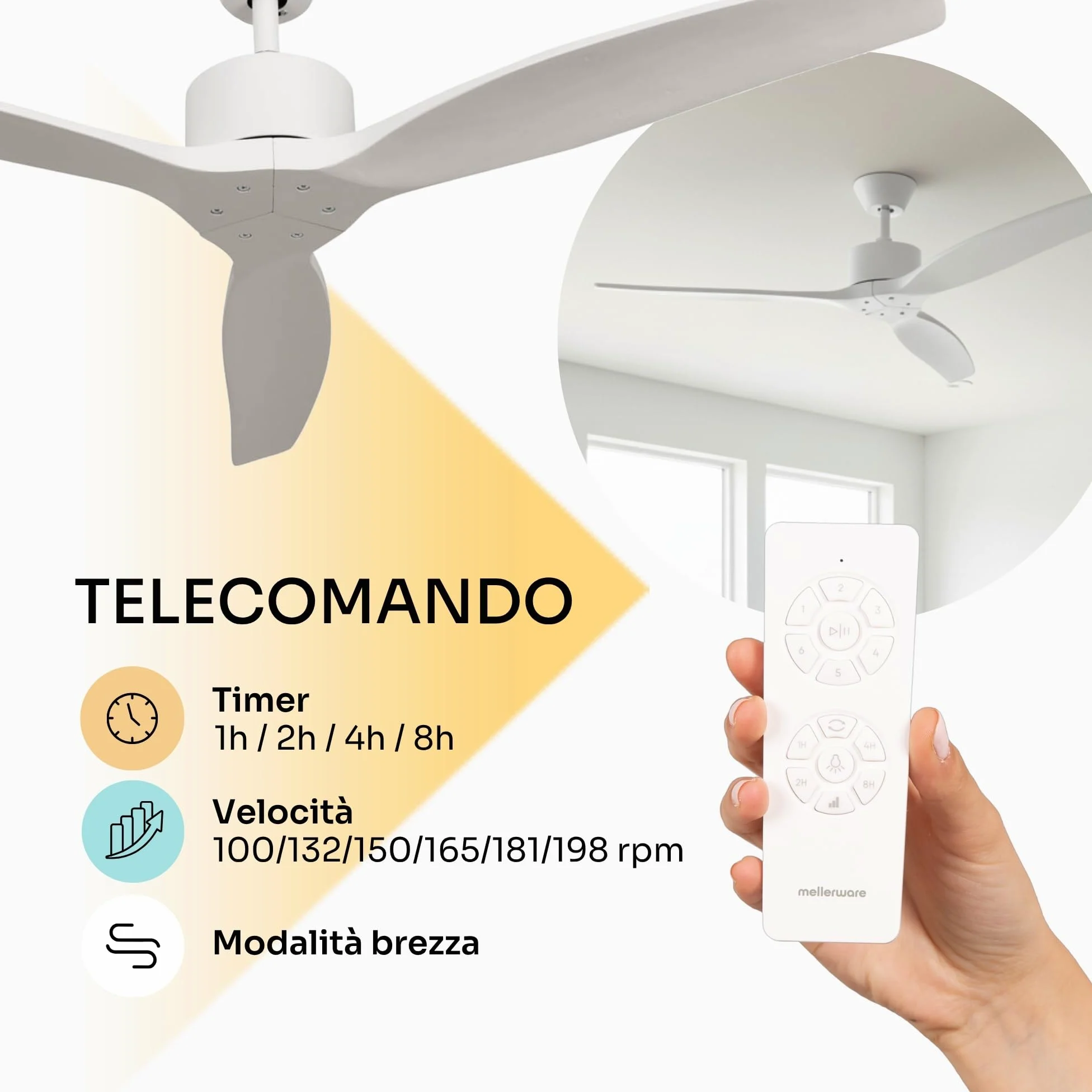 Mellerware - Ventilatore da soffitto con telecomando Brizy! 45W | Potente, Ultra silenzioso | 3 pale | Diametro 132cm | 6 velocità | Timer | Funzioni estate inverno | Stanze fino a 20m2 | Bianco