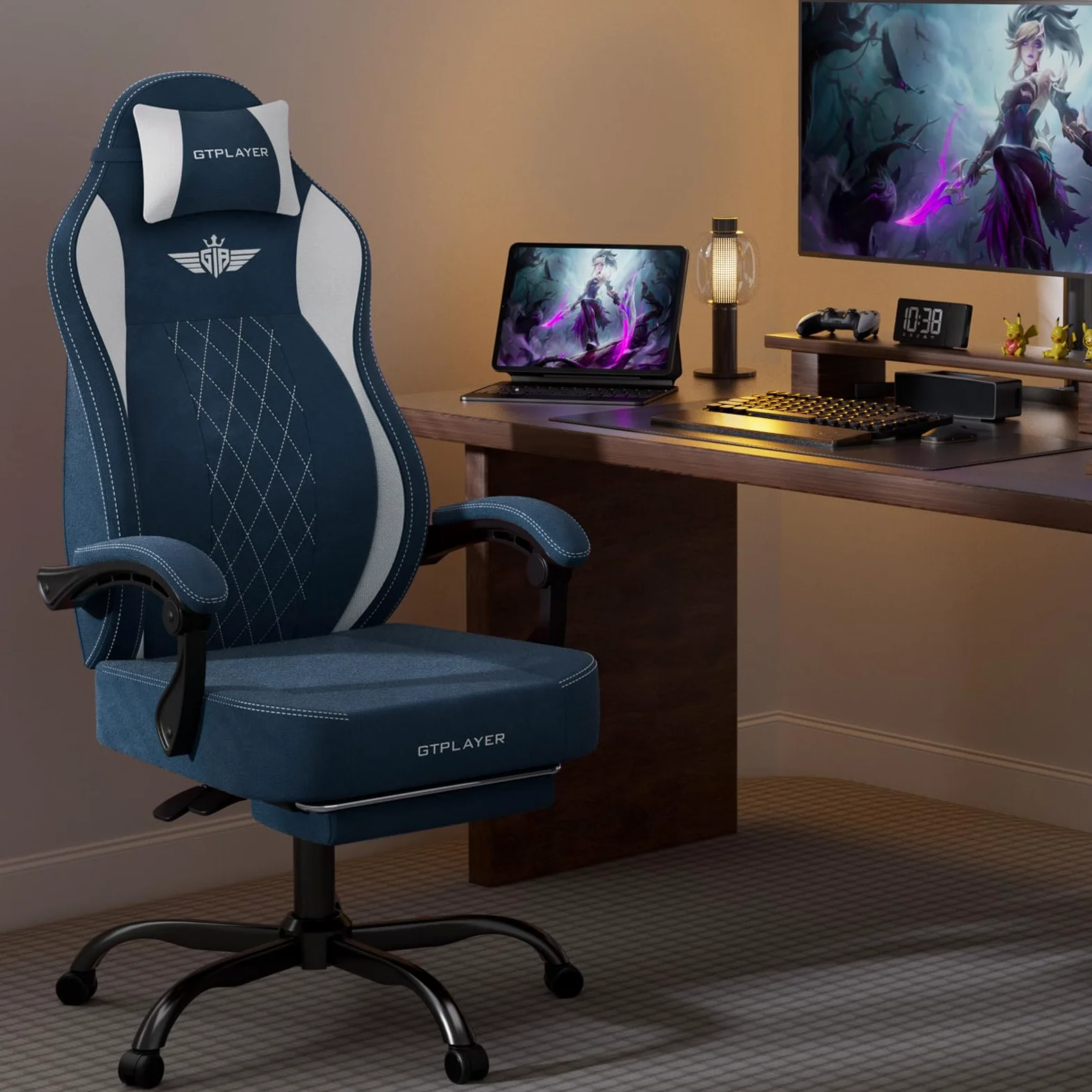GTPLAYER Sedia da Gaming in Tessuto, Sedia da Ufficio con Supporto Lombare Integrato, da Ufficio, con Cuscino a Molla e Poggiapiedi, Schienale Ispessito, ergonomica per blu