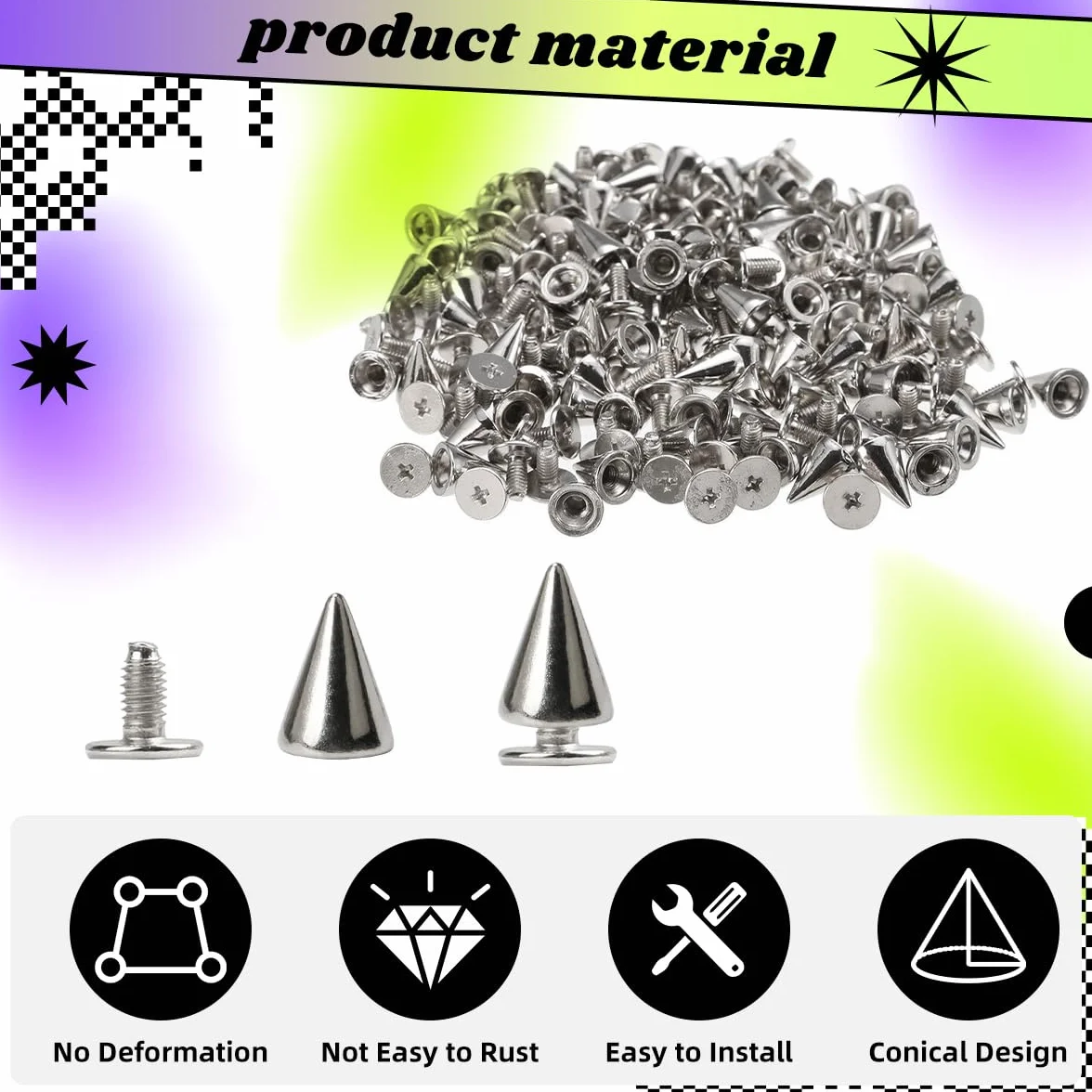 100 Pezzi Rivetti Punk, 7 x 10 mm Conico Borchie Decorative Argento per Vestiti, Borchie a Vite Punta, Rivetti Pelle Punk in Metallo con Vite per Cuoio, Borse, Scarpe, Jeans, Cintura