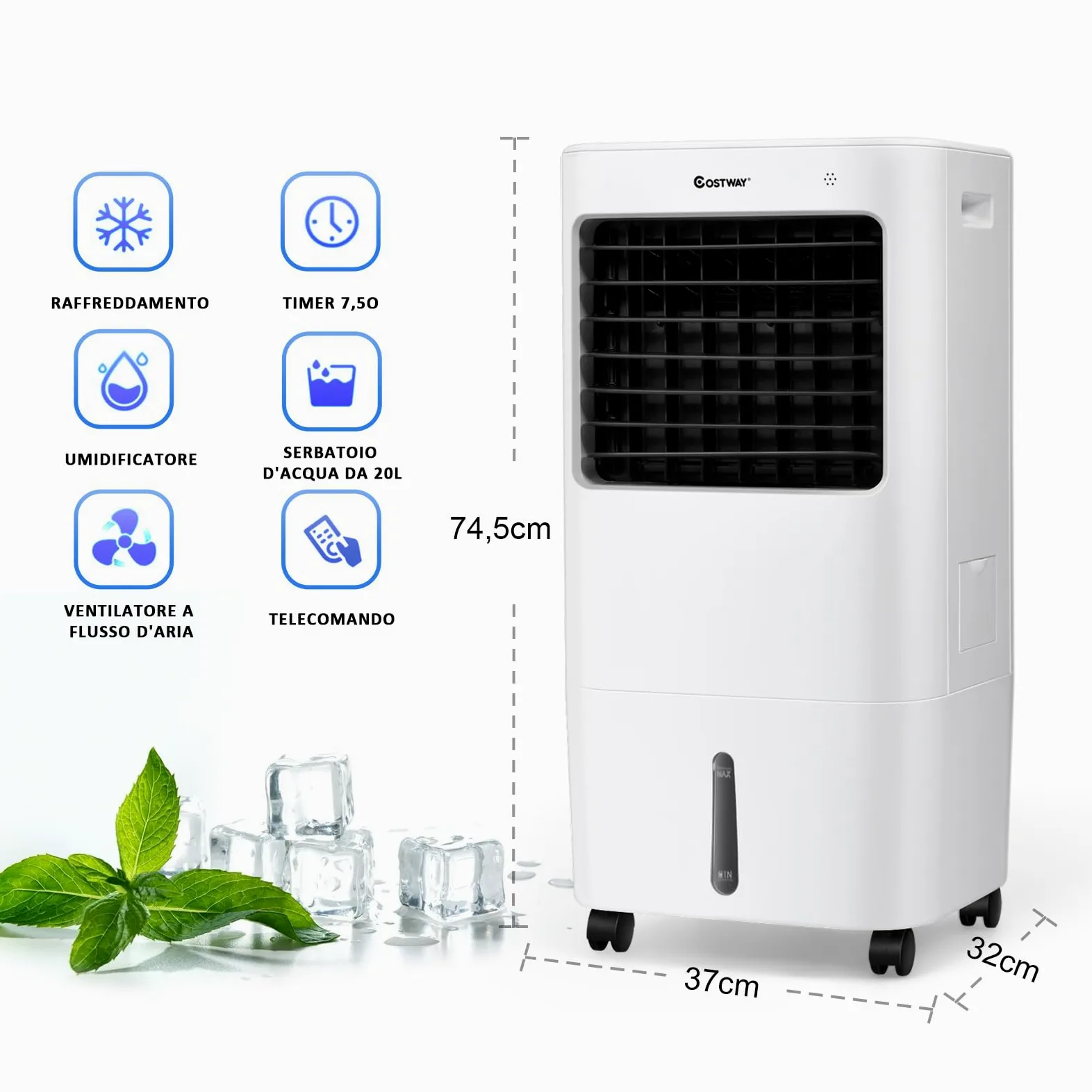RELAX4LIFE Raffreddatore d'Aria Evaporativo 3 in 1, Serbatoio dell'Acqua 20L,Ventilatore, Umidificatore, 3 Modalità, 4 Velocità, Timer 7,5H, Telecomando, Adatto per Casa, Ufficio