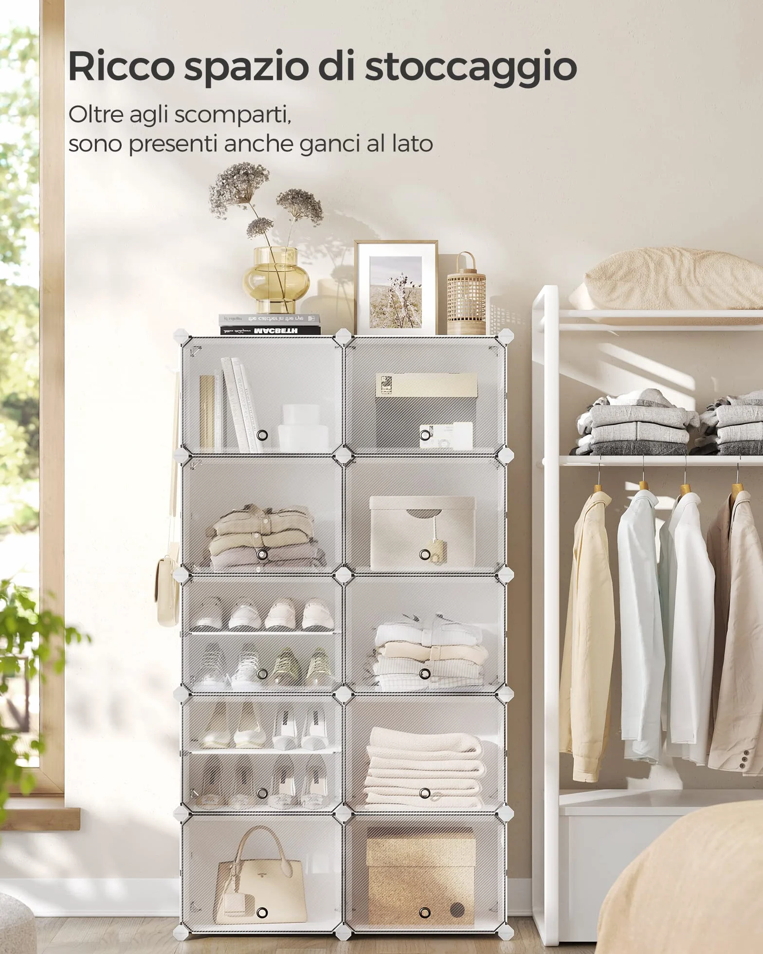 SONGMICS Scarpiera Modulare 10 Scomparti 40 Paia Scarpe con Sportelli Telaio Acciaio Bianco Trasparente LPC035W01
