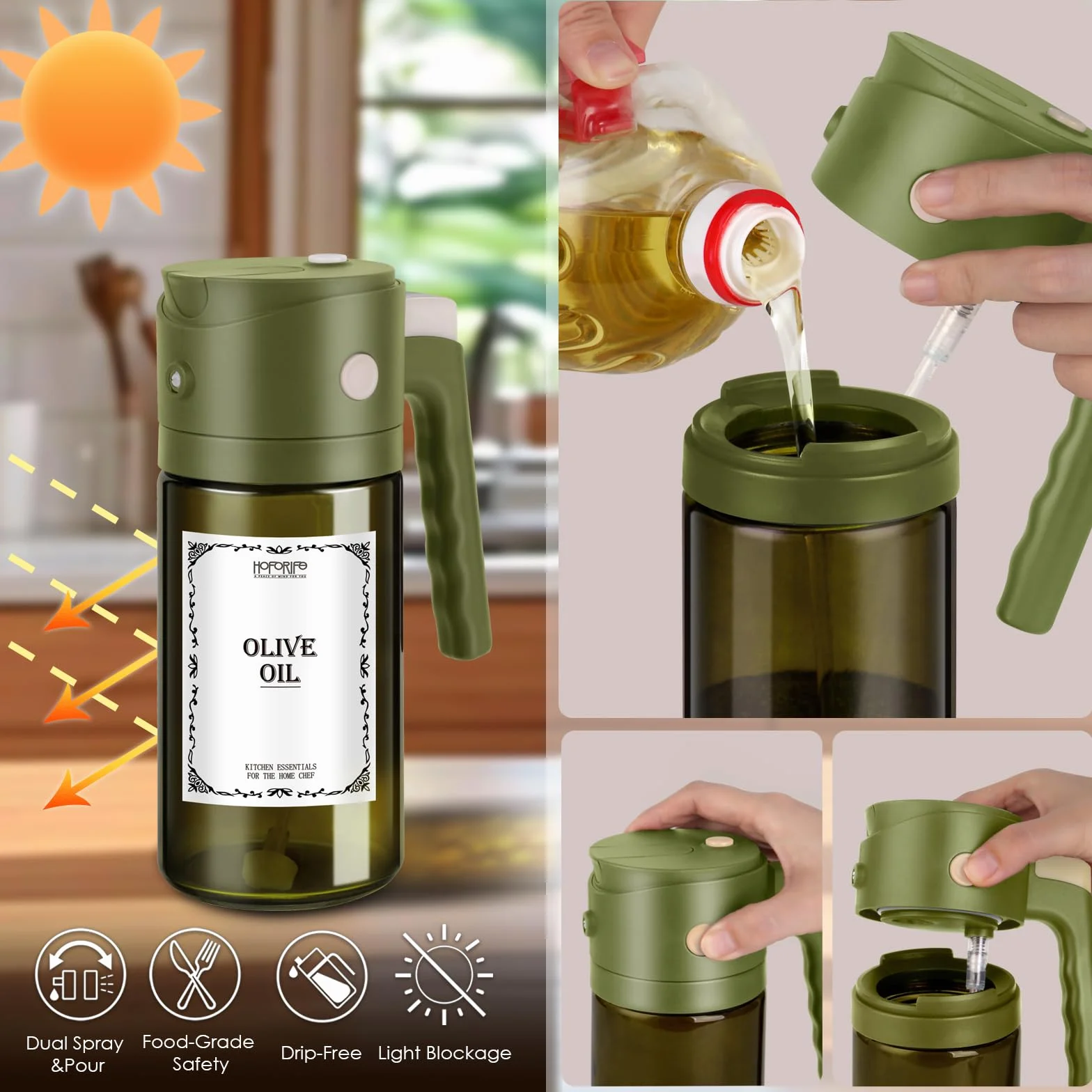 Bottiglia spray olio d'oliva in vetro 552 ml dispenser 2 in 1 per cucina