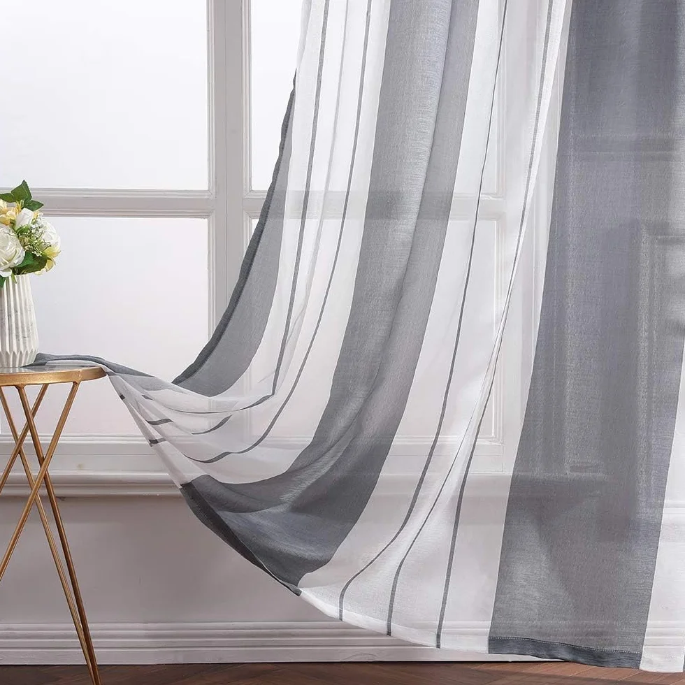 MIULEE Tende a Righe per Interni, Tende Trasparenti in Voile Tende Camera da Letto, Tenda Salotto Moderne con Anelli, Tenda a Pannello da Interno Finestra a Righe Bianche e Grigie, 2x 140270x CM