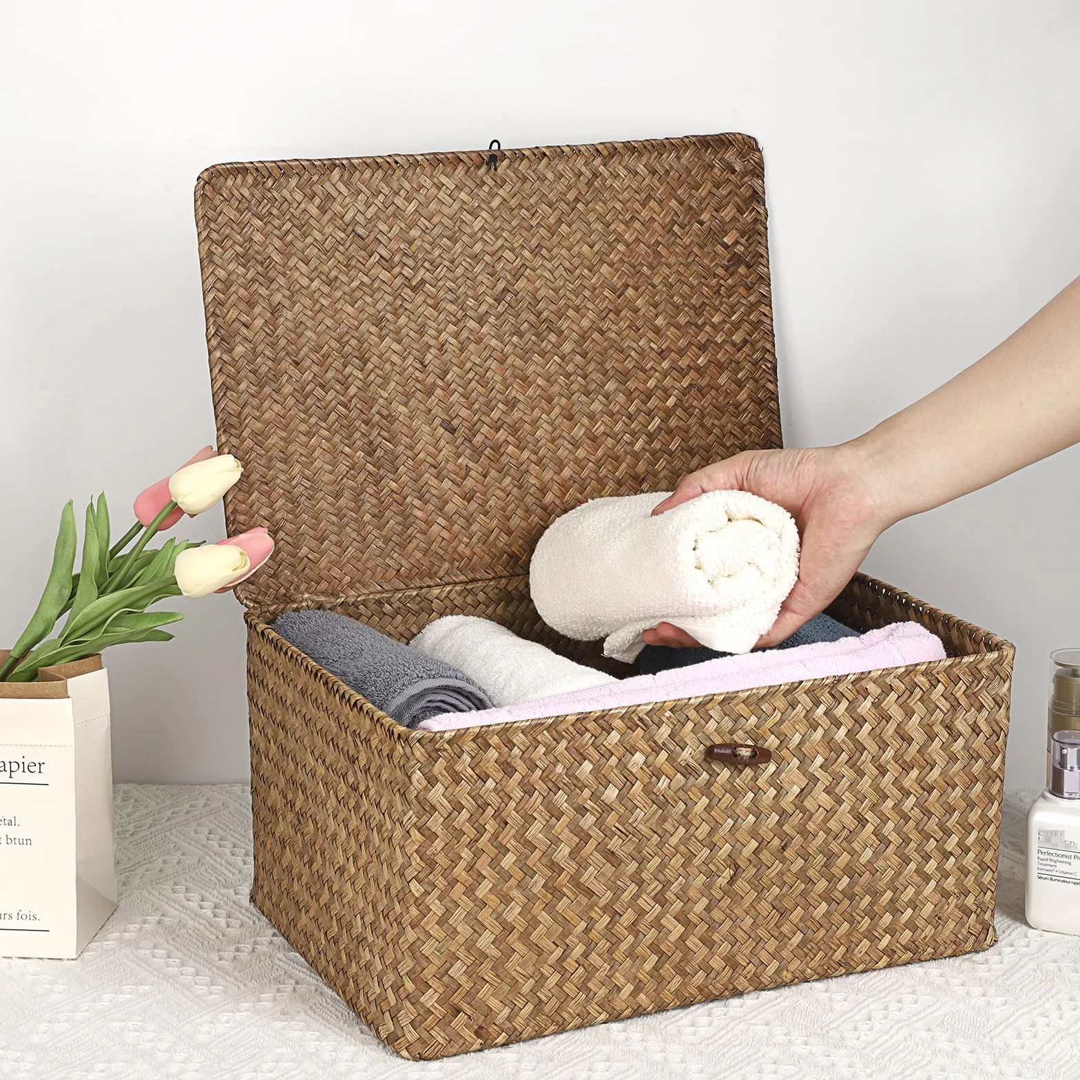 Cesto portaoggetti in vimini con coperchio, rettangolare, organizer da bagno, scatola decorativa