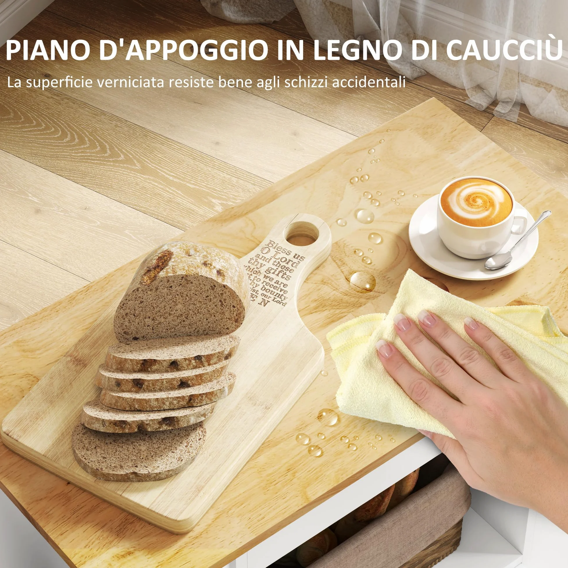 HOMCOM Carrello da Cucina con 6 Portabottiglie, 3 Ripiani Laterali e Armadietto con Cerniere Ammortizzate, Mobiletto Cucina con Portasciugamani e Piano in Legno di caucciù, 83x40x83cm, Rovere