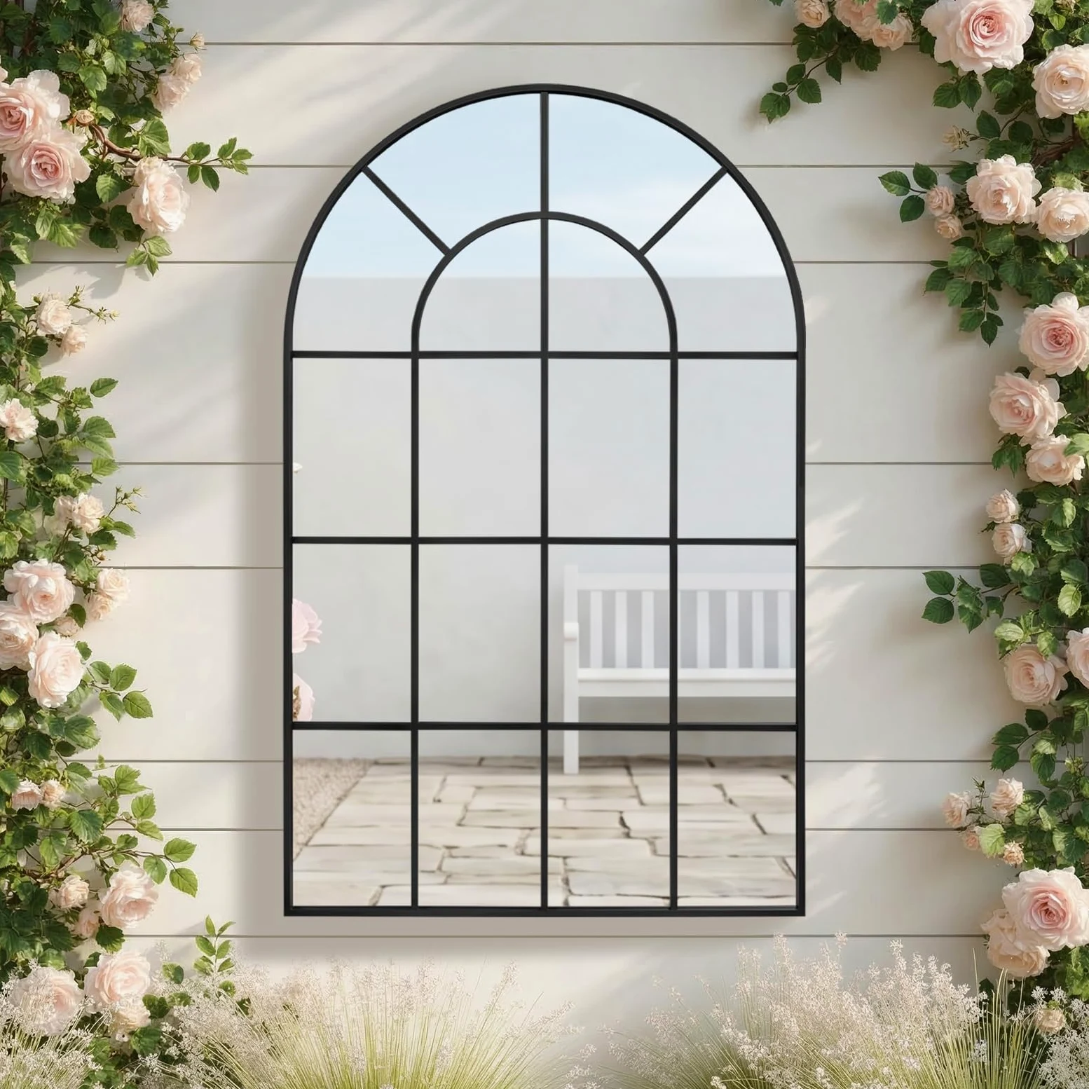 Reflix Specchio da giardino, 100 x 75 cm, specchio da parete decorativo, specchio per finestra con telaio in alluminio, per corridoio, soggiorno, camera da letto, ingresso, nero