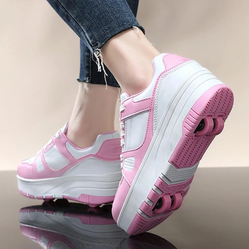 ENEN Scarpe con Rotelle Bambina Sportive Skateboard 4 Ruote Sneakers Outdoor Multisport Bianco Rosa Nero