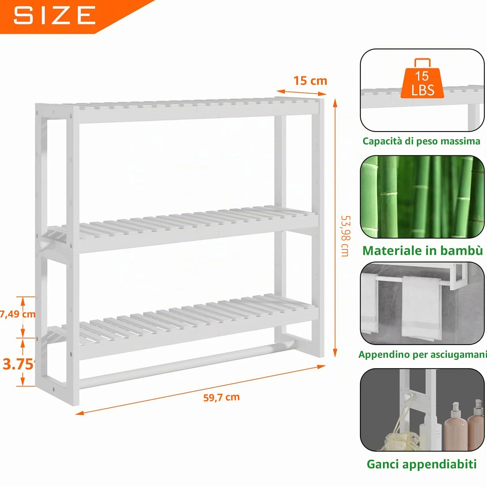 Mensola portaoggetti da bagno 50x53,2x15 cm 3 livelli regolabili bambù bianco con asta appendiabiti