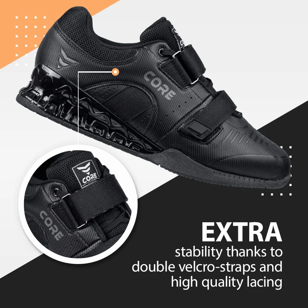 Nordcore Scarpe Sollevamento Pesi Force Black, Scarpe Squat Palestra, Calzature Powerlifting Cinturino Crossfit
