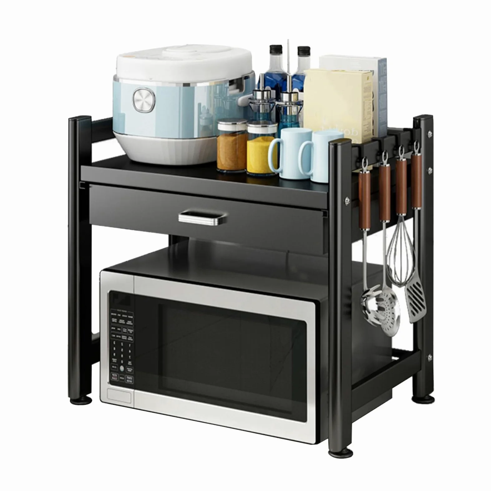Generico Supporto Per Forno a Microonde da Banco con Cassetto e Gancio, Mensola Microonde, Ripiano Portaoggetti da Cucina In Metallo, Organizer per Ufficio, Salvaspazio, Nero