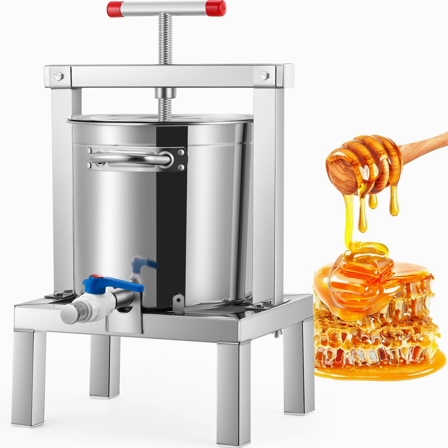 Moongiantgo 10l Pressa Manuale per Miele, Torchio per Frutta E Vino in Acciaio Inossidabile Con Manico a T, Completamente Chiuso, Multipla Filtrazione, Per Miele, Succo, Vino, Sidro, Apicoltura (10L)
