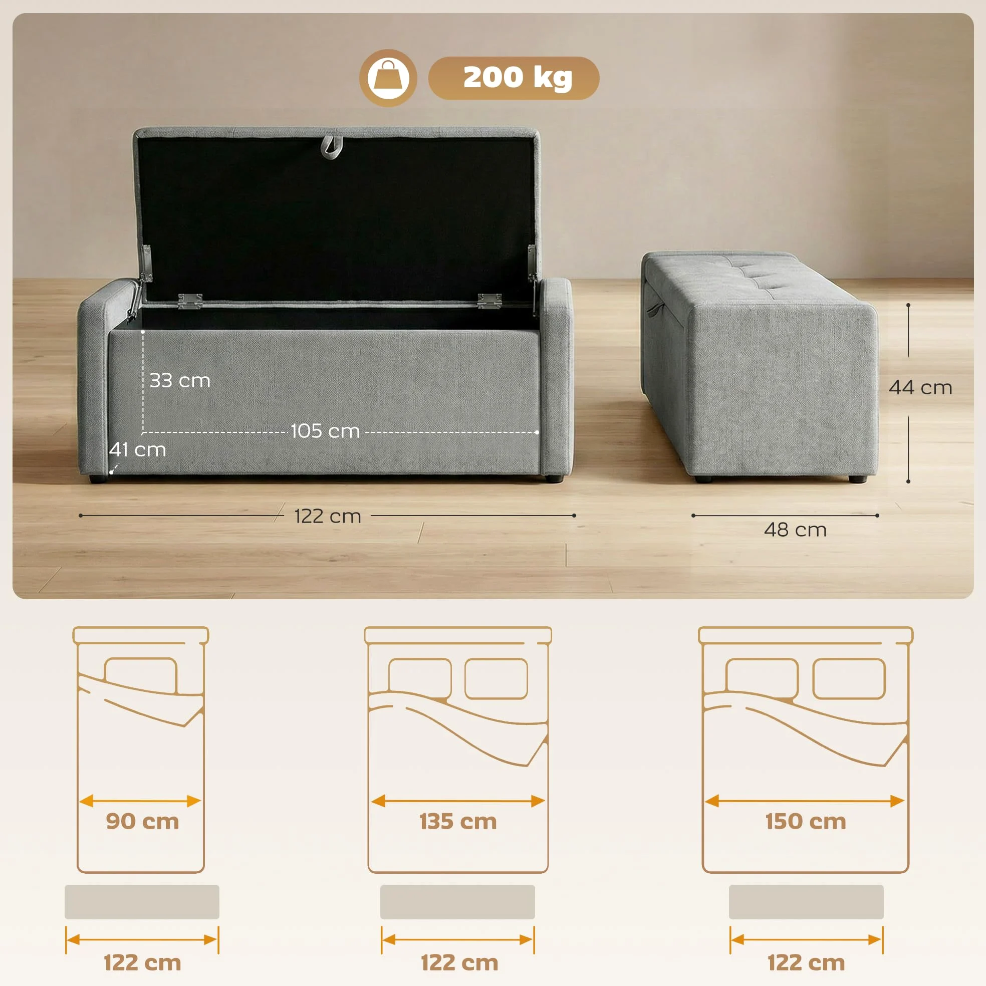 HOMCOM Cassapanca 142L Pouf Contenitore Poggiapiedi Grande 122x48x44cm, Seduta Imbottita 2 Posti, Panca Contenitore Effetto Lino, Struttura in Legno, 200 kg, Camera da Letto, Soggiorno