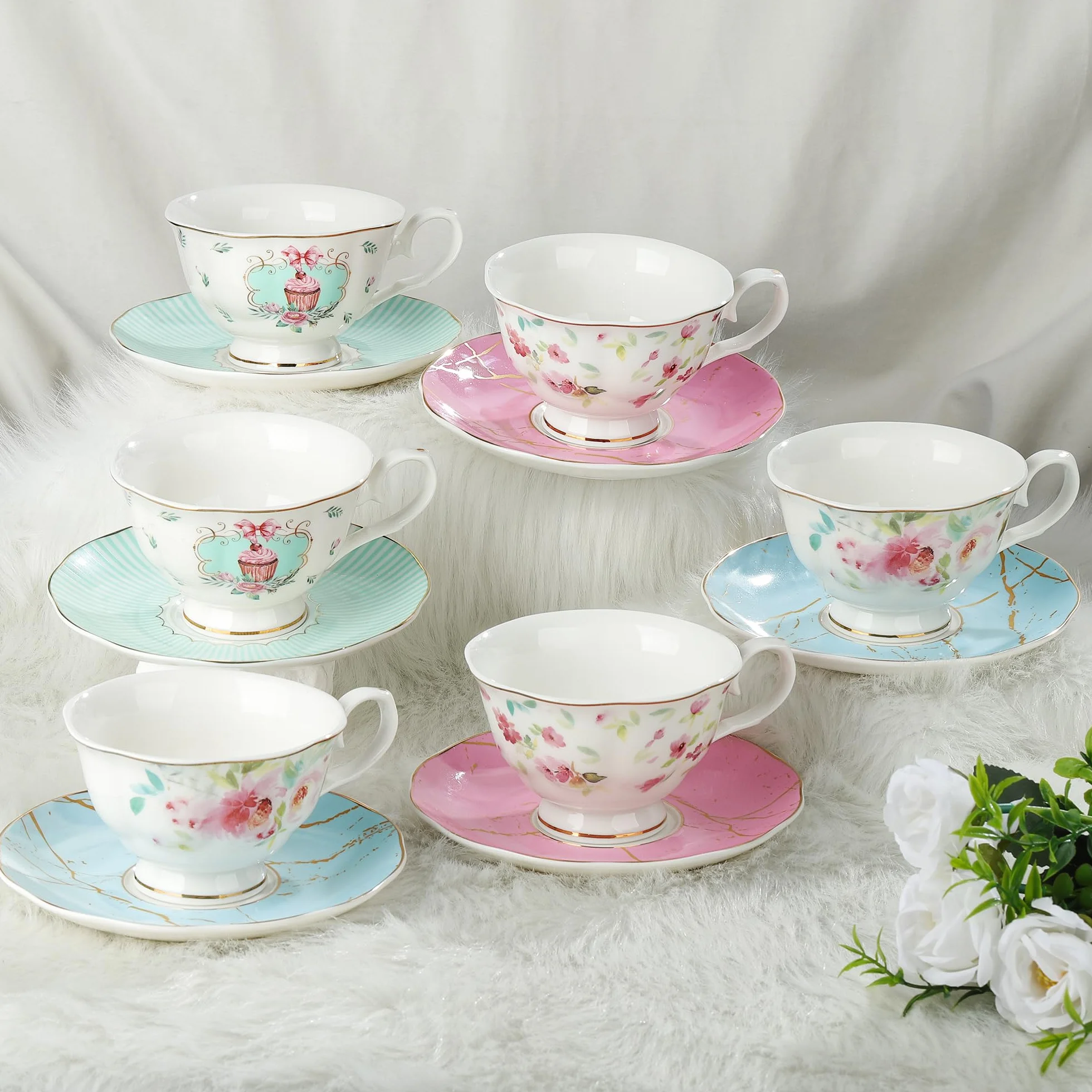 Fanquare Zestaw 6 Filizanek i Spodków Różowy, Serwis do Herbaty Porcelanowy w Kwiaty
