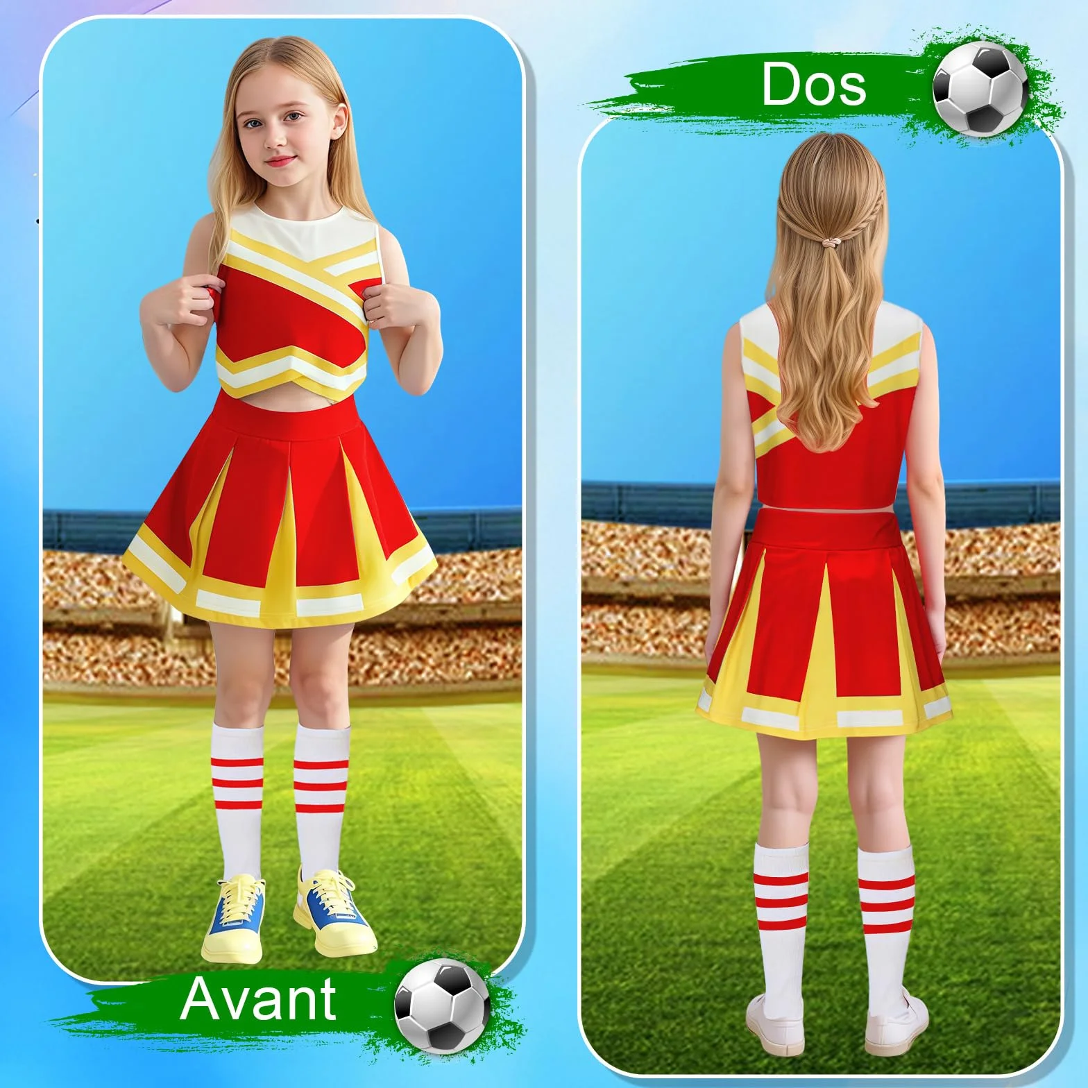 Costume Cheerleader per Bambina con Parrucca Brillante, Pompon e Fiocco per Carnevale Halloween