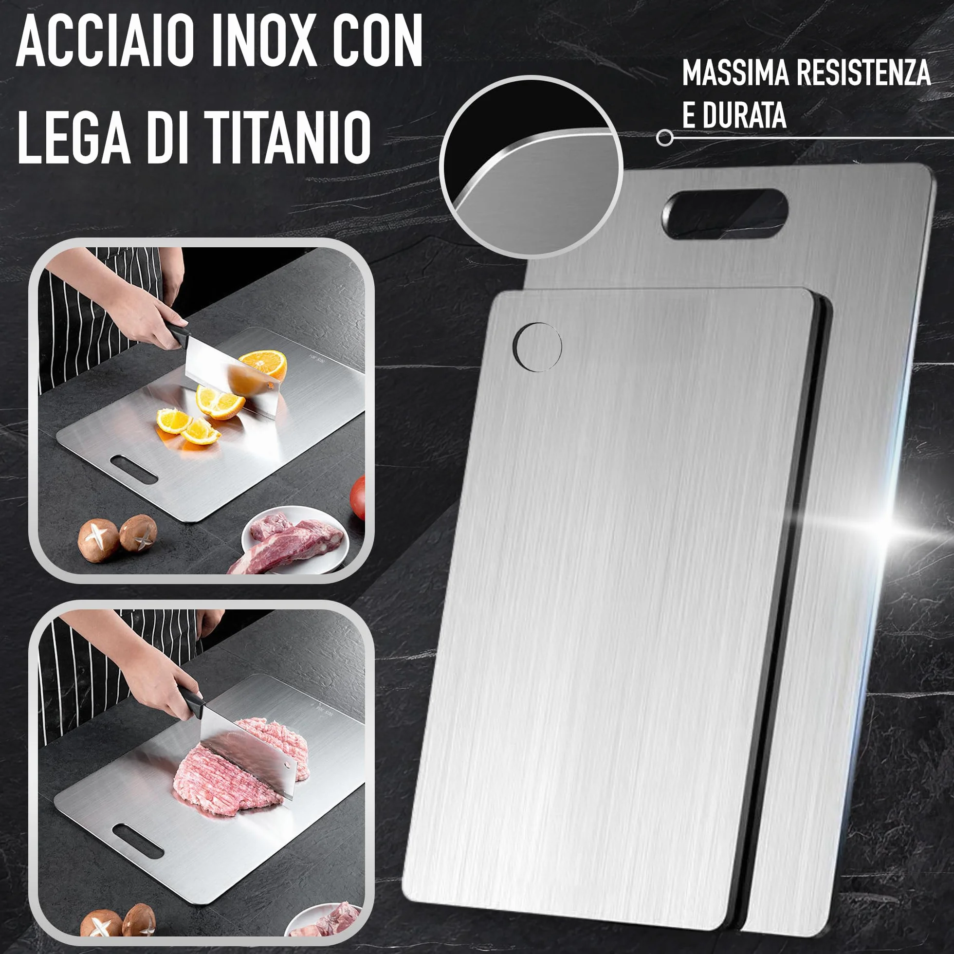 Set di 3 Tagliere Acciaio Inox Reversibile in Lega Titanio – Set da Cucina Professionale SUS316/SUS 304 3‑Stars
