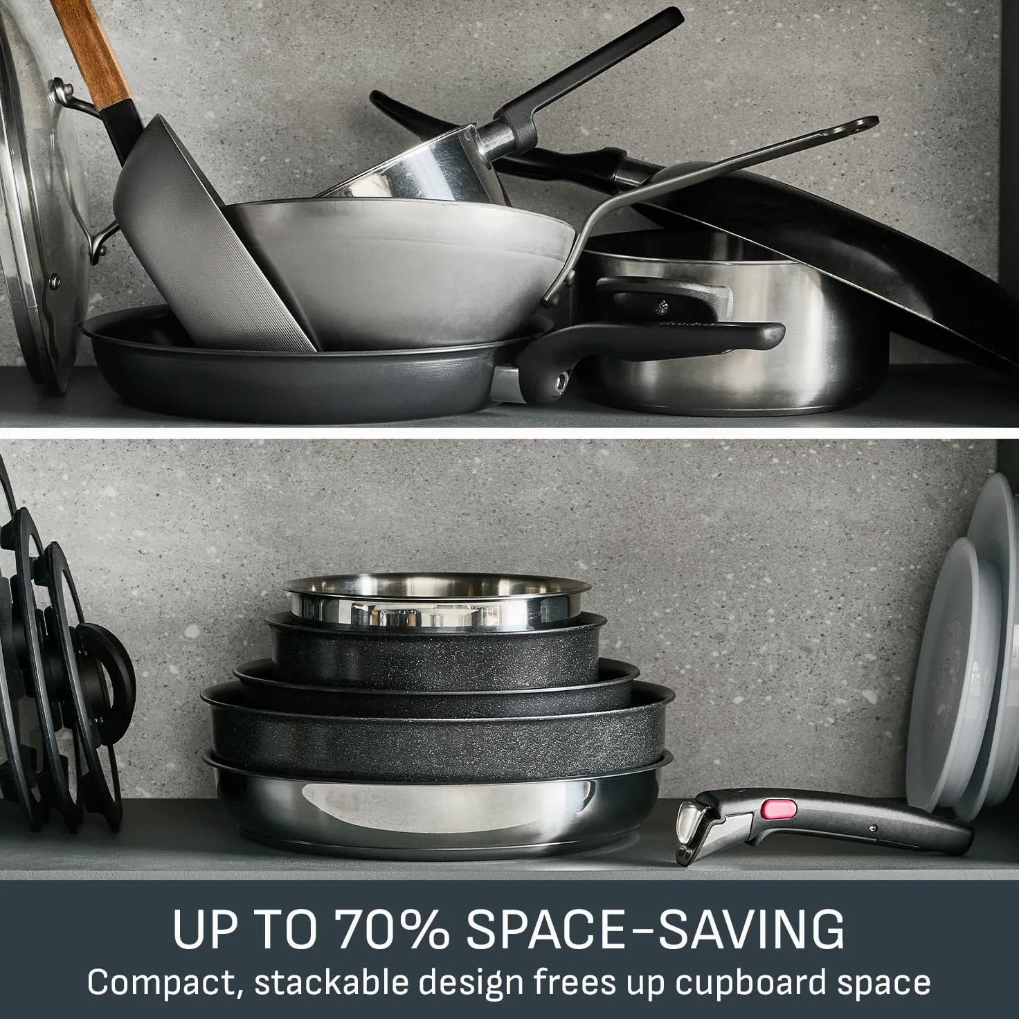 Tefal Ingenio Comfort Max L968S834 - Set di 8 pentole con fondo extra resistente, non sigillato, salvaspazio, segnale termico, per tutti i piani cottura, impugnatura sicura, facile da pulire, in