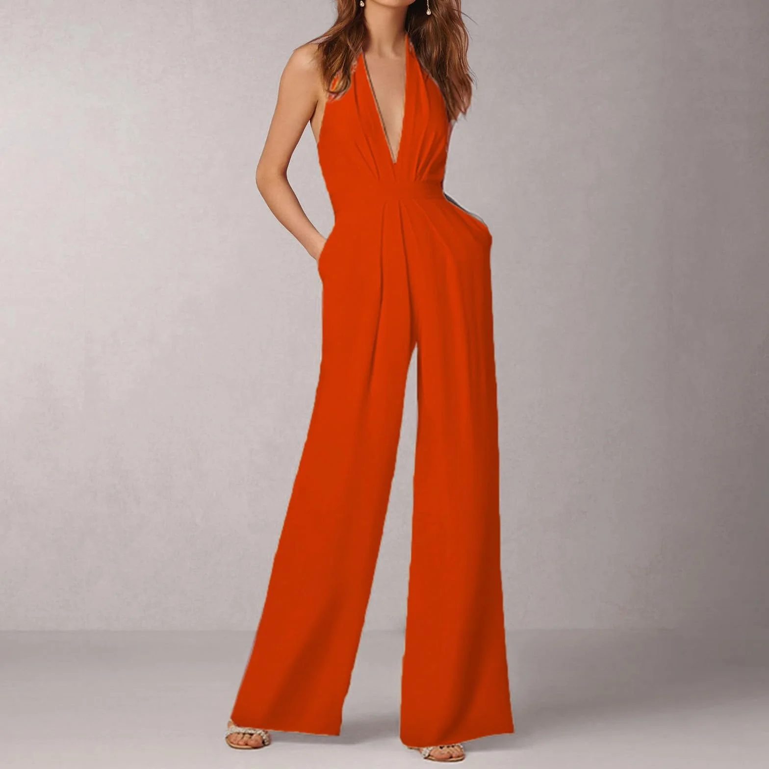 Tuta da donna senza maniche con scollo all'americana - Tutina senza schienale tinta unita alla moda senza maniche Tuta da lavoro sexy con scollo a V profondo salopette a gamba larga con tasche