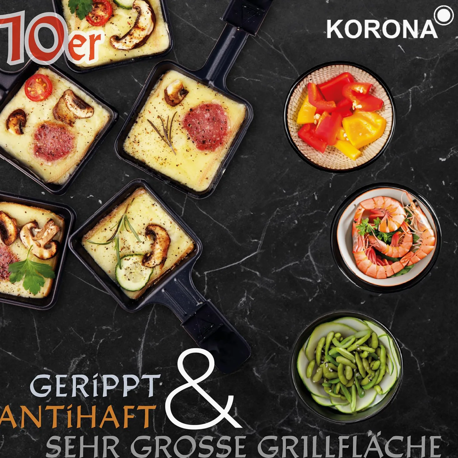 Korona 45060 Raclette per 10 persone | Raclette XXL con 10 padelle e spatole in legno | piastra antiaderente | cavo lungo 1,2 m | 1500 Watt, nero