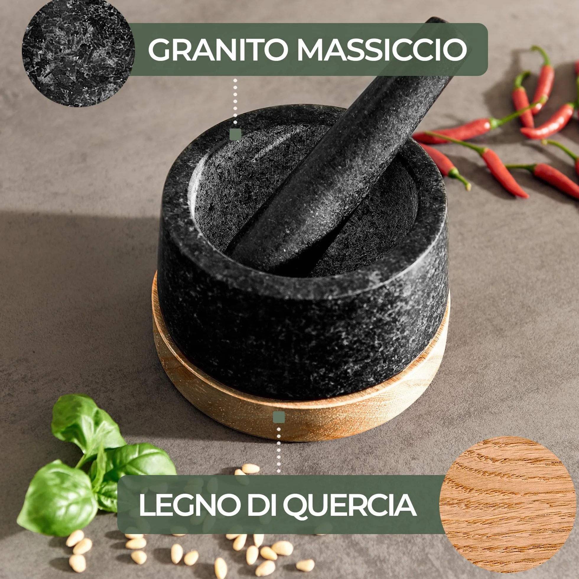 WALDWERK Mortaio con pestello (diametro 12 cm) - Mortaio su una base elegante e stabile in legno di acacia - Mortaio con pestello in granito naturale