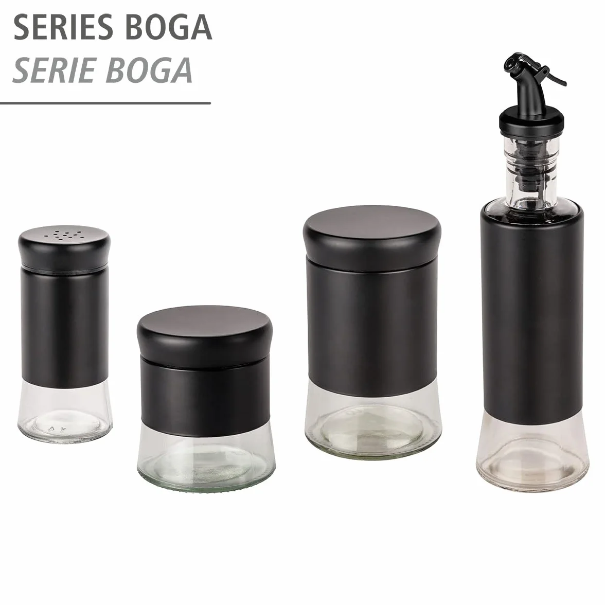 Wenko Oliera e acetiera Boga 300 ml beccuccio 1 click vetro acciaio inox plastica Ø 6 x 25 cm trasparente/nero