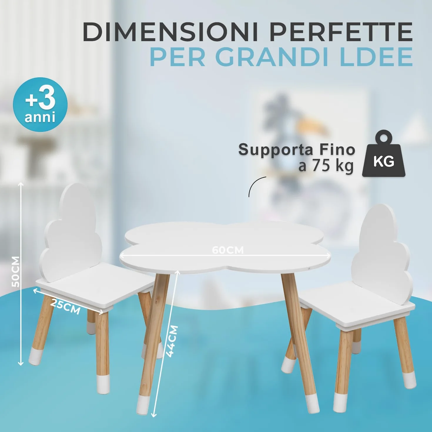 Rebecca Mobili Set Tavolino E Sedie Per Bambini, Sedie e Tavolo Arredo Cameretta Stanza Dei Giochi Bianco Marrone Chiaro, Mdf, Stile Nordico - Misure: 44 x 60 x 60 cm / 50 x 25 x 25 cm - Art. RE6733