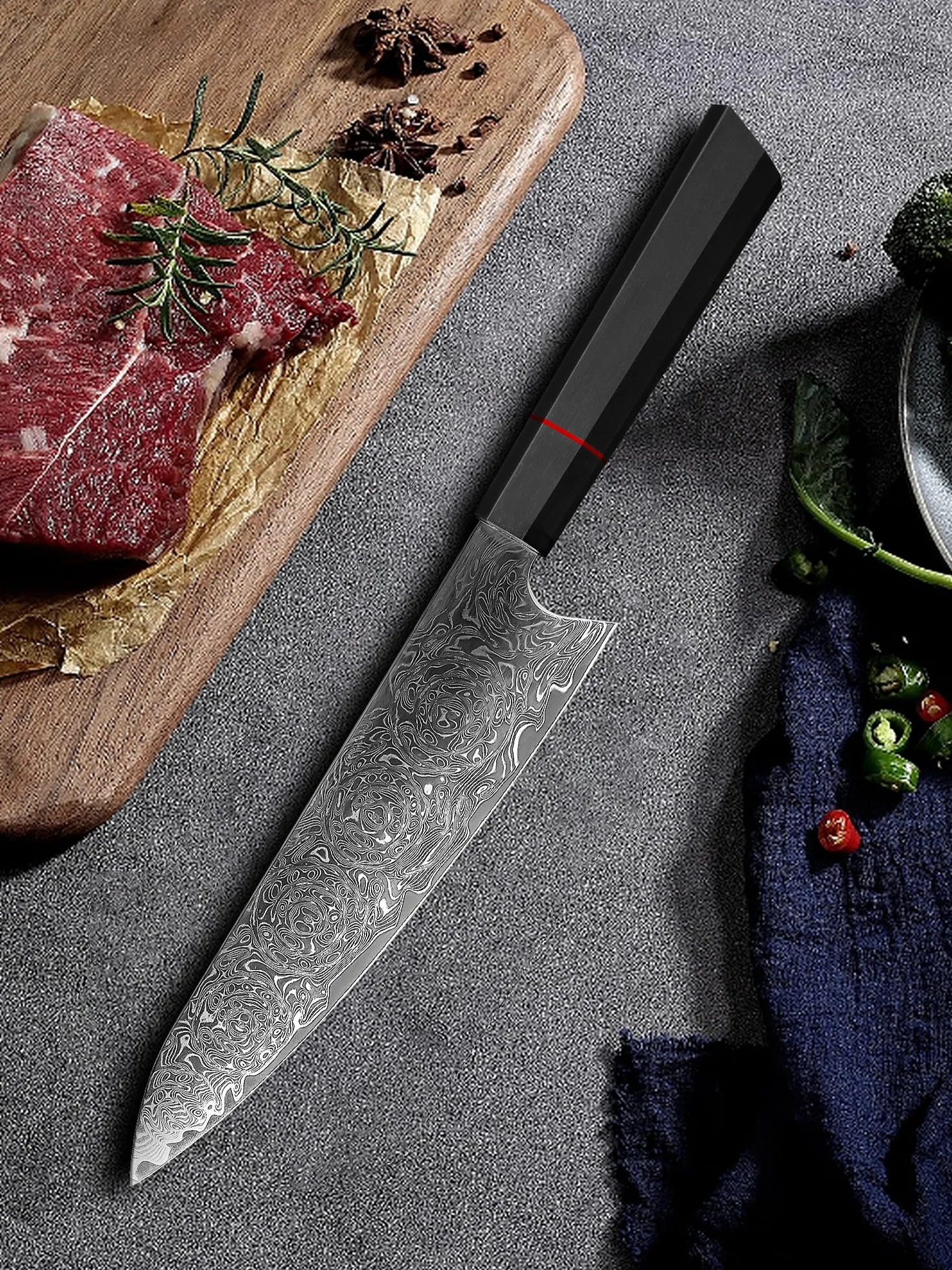 Plys Damasco Coltello da Chef Coltelli Damascati Giapponesi: Coltello da Chef Affilato - Coltello da Cucina Professionale Manico in G10