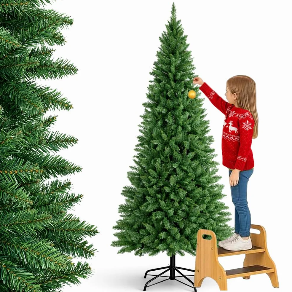 BAKAJI Albero di Natale Slim Molto Folto Ecologico e Ignifugo con Base a Croce in Ferro Pieghevole, Decorazione Natalizia Salvaspazio Foltissima con Rami Realistici (Verde Pino dei Sogni, 210 cm)